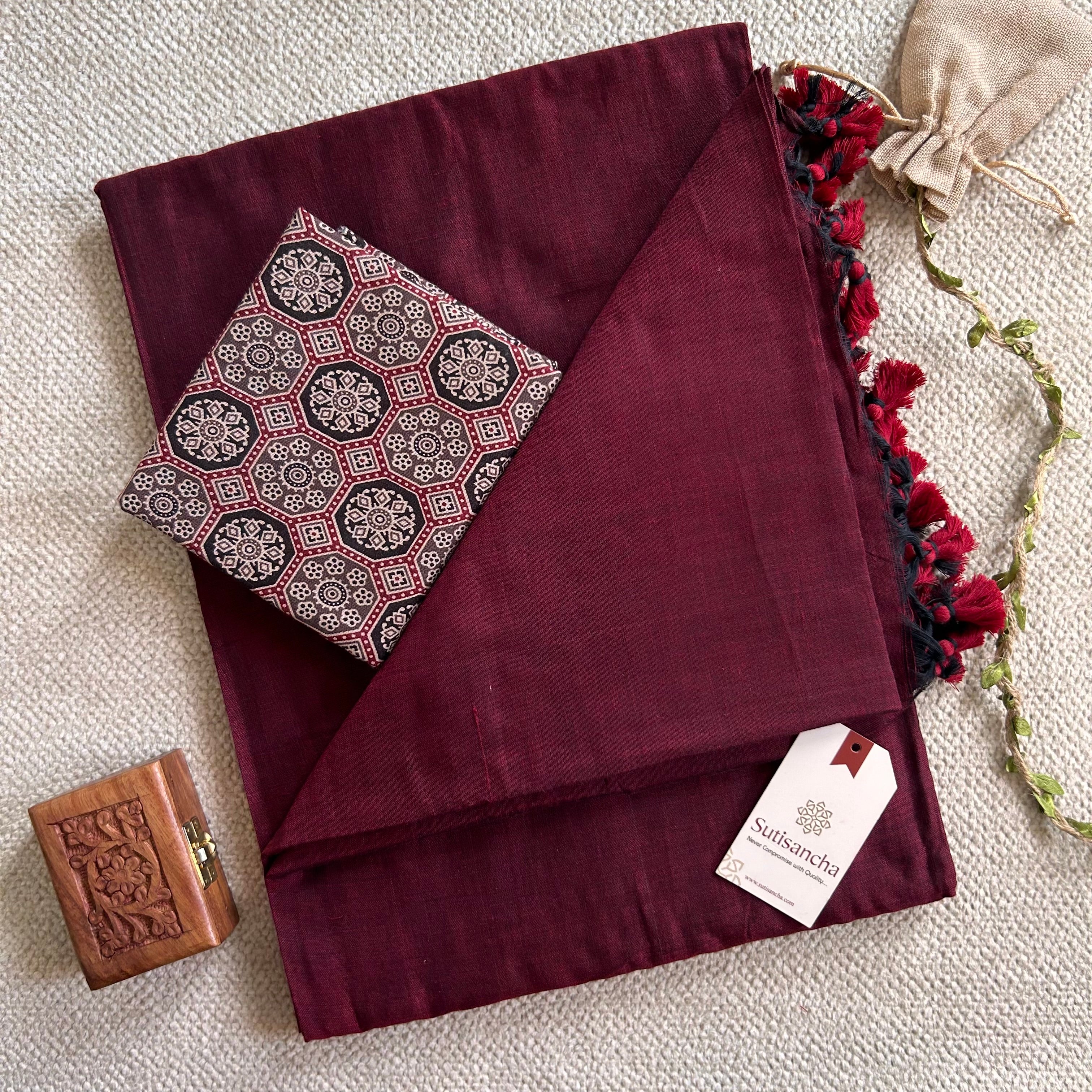 Sutisancha Maroon Handloom Cotton Saree With Blouse