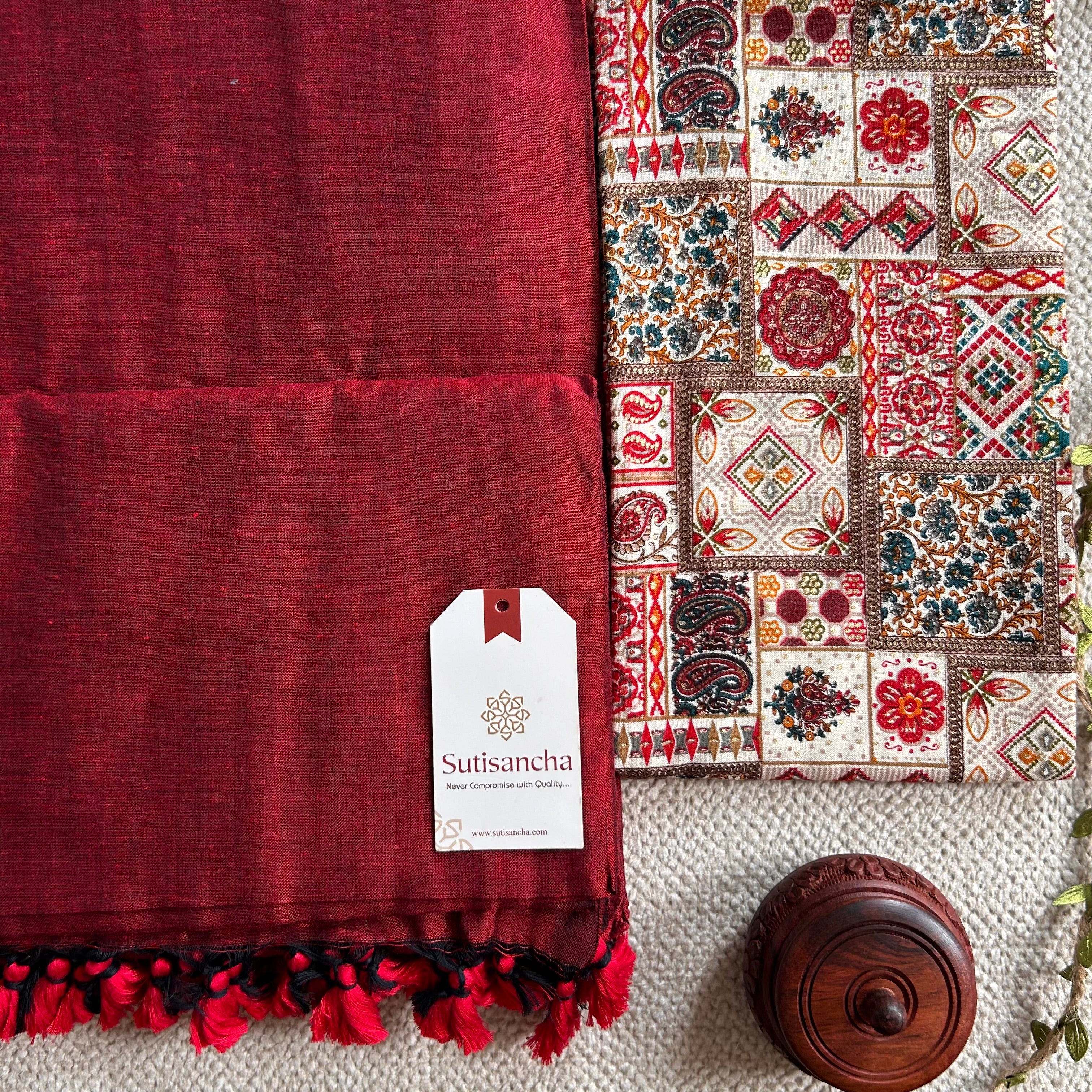 Sutisancha Cherry Red Handloom Cotton Saree With Blouse