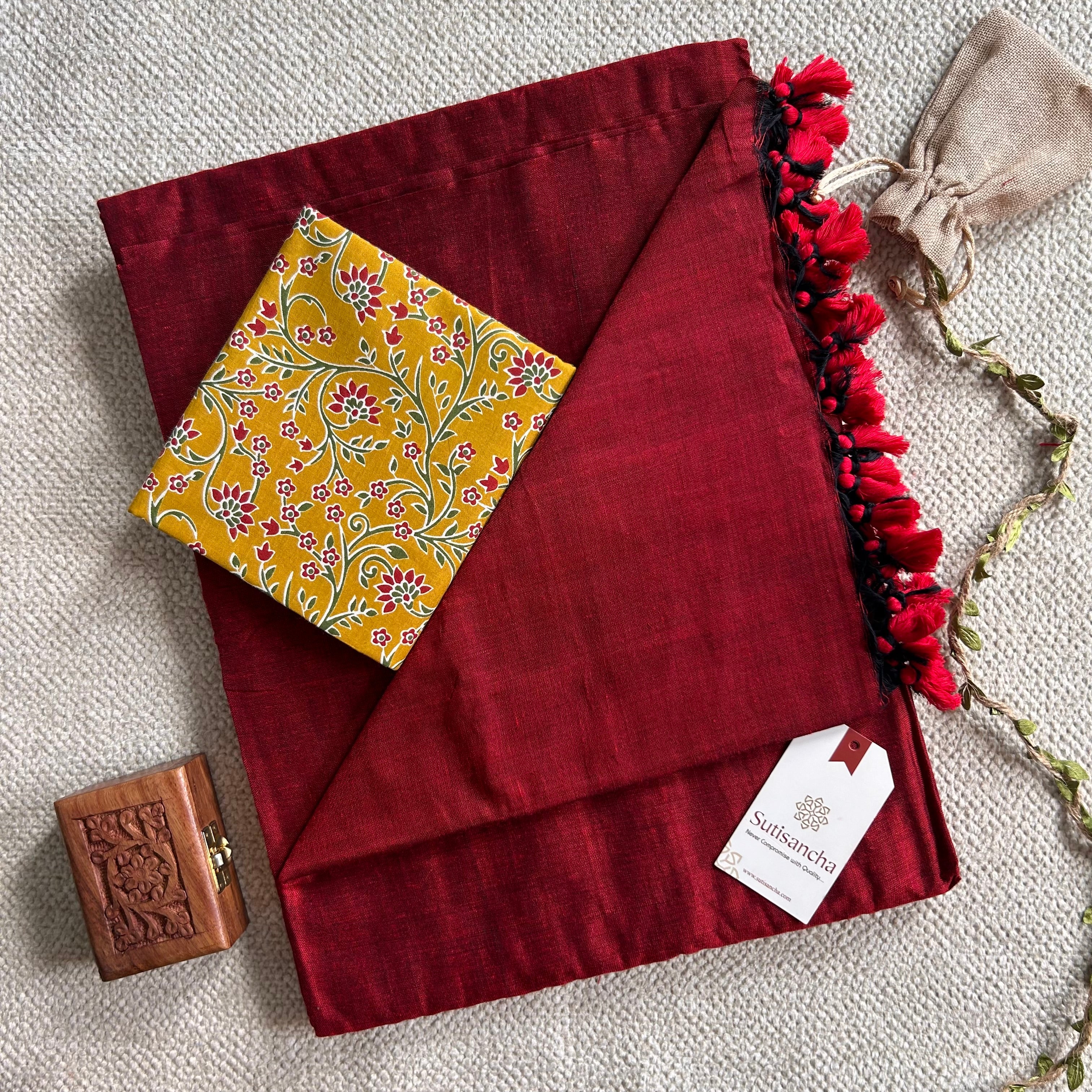 Sutisancha Cherry Red Handloom Cotton Saree With Blouse