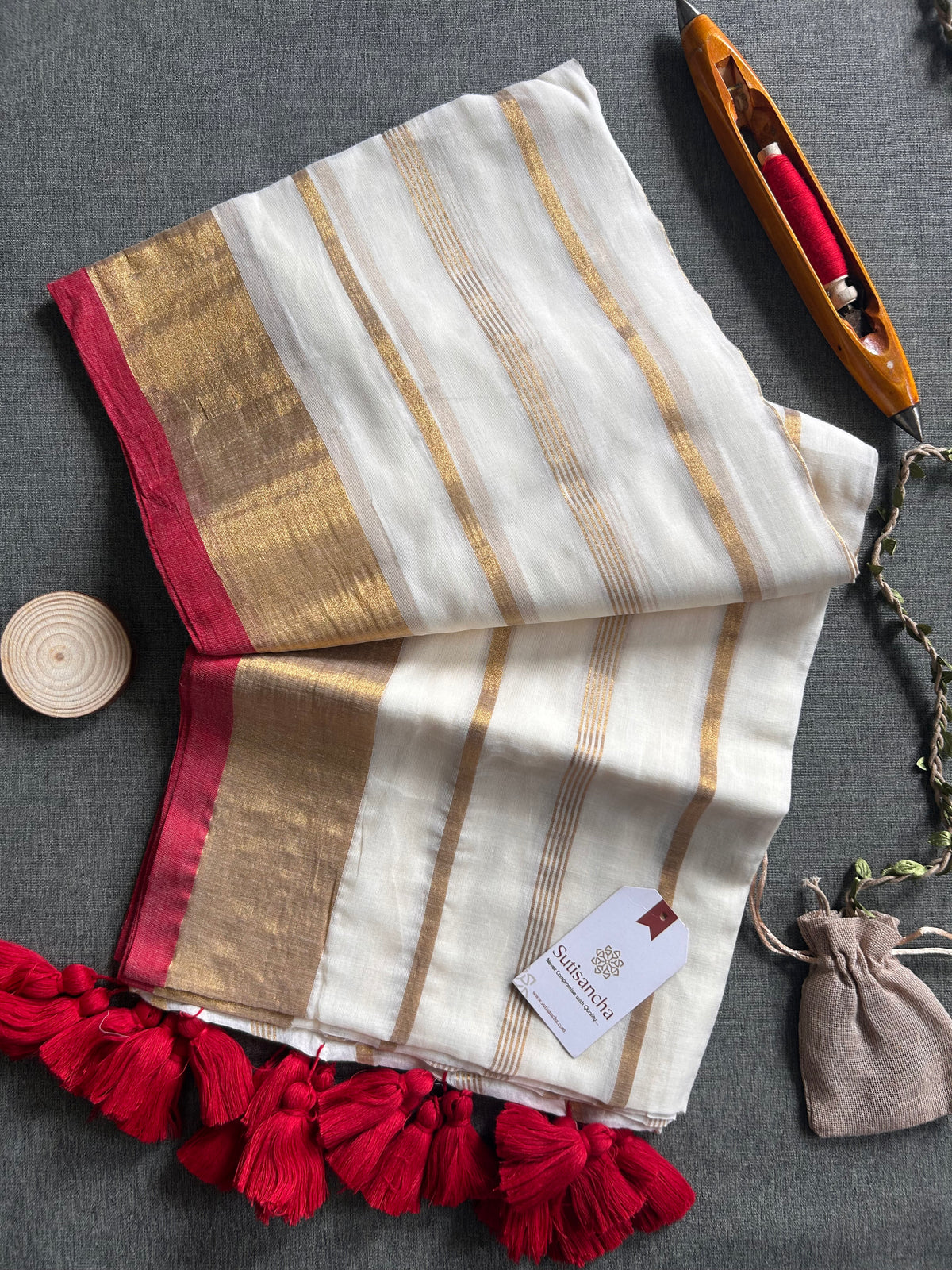 Mulaya Golden Line Pure Mul Cotton Saree with Statement Zari Border