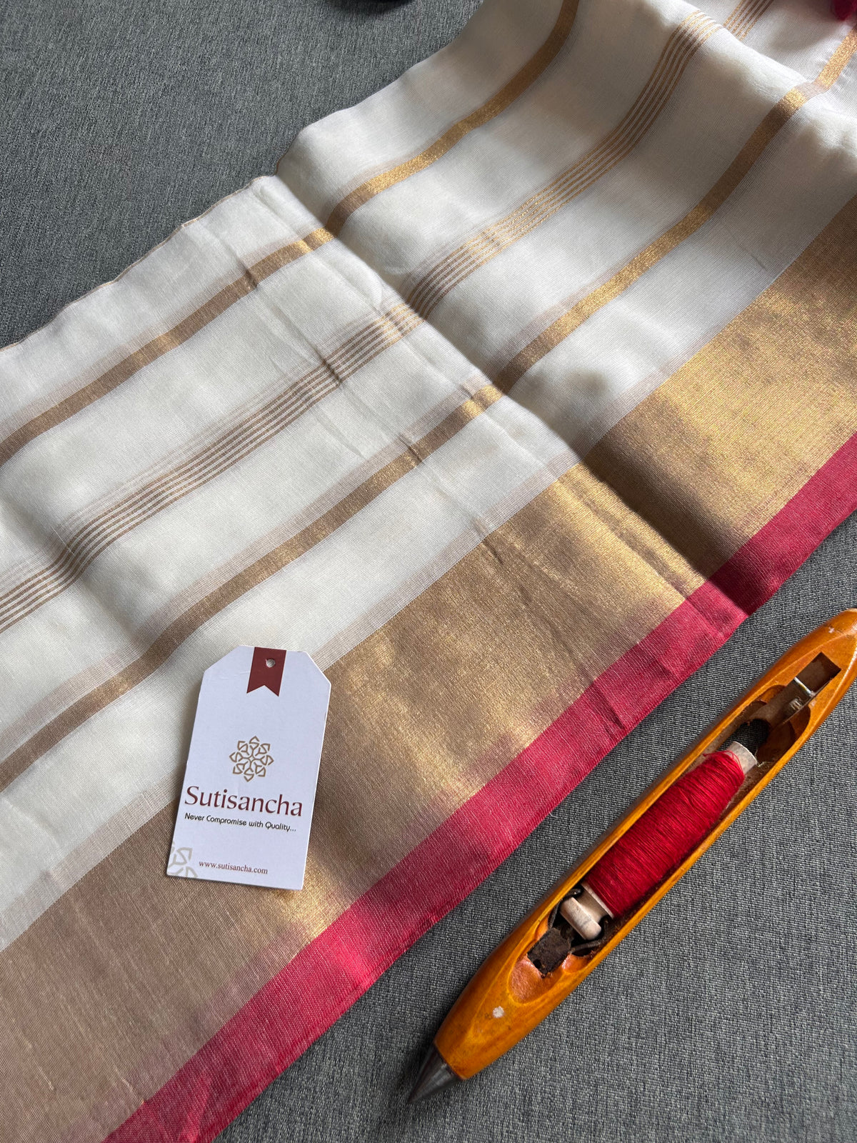 Mulaya Golden Line Pure Mul Cotton Saree with Statement Zari Border