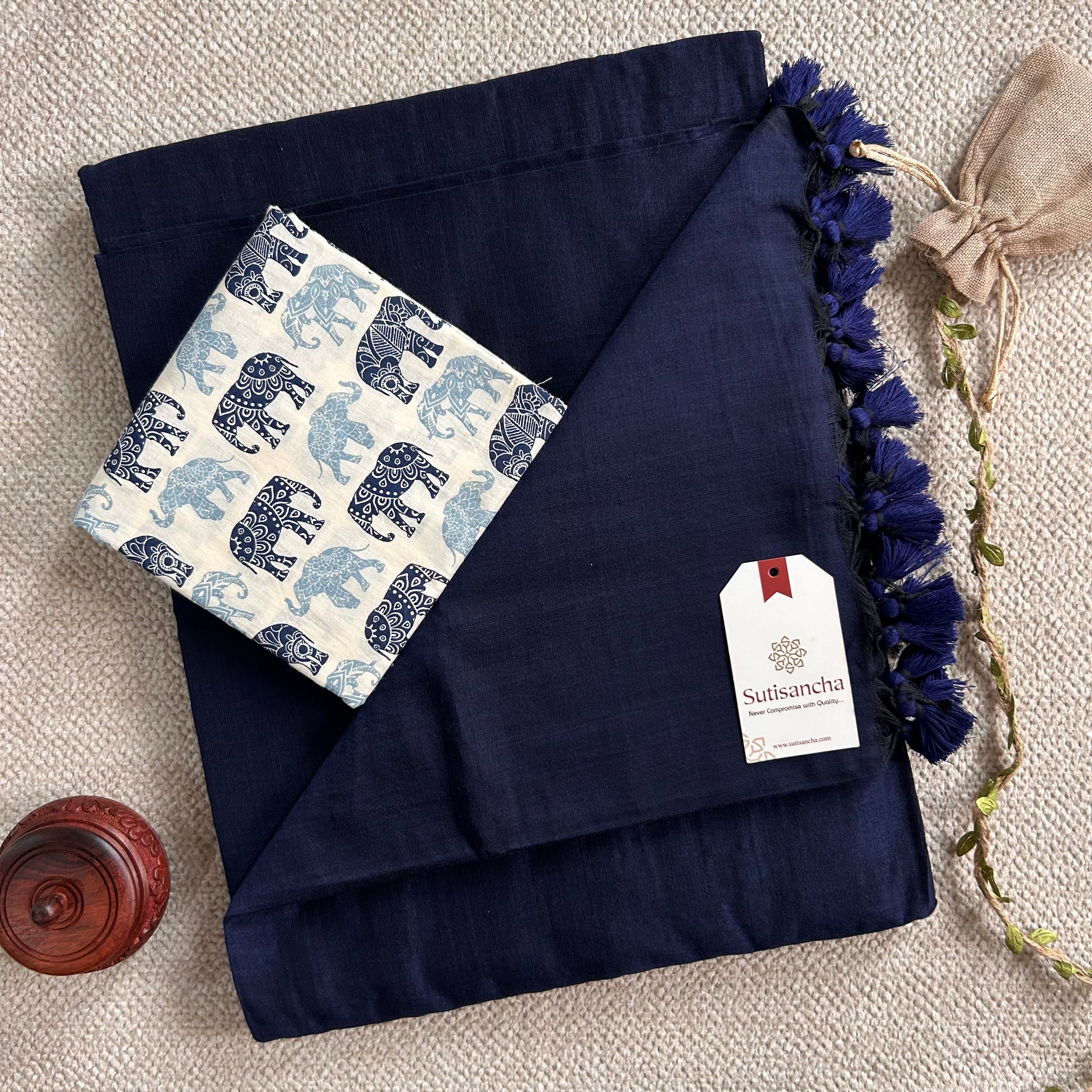 Sutisancha Navy Blue Handloom Cotton Saree With Blouse