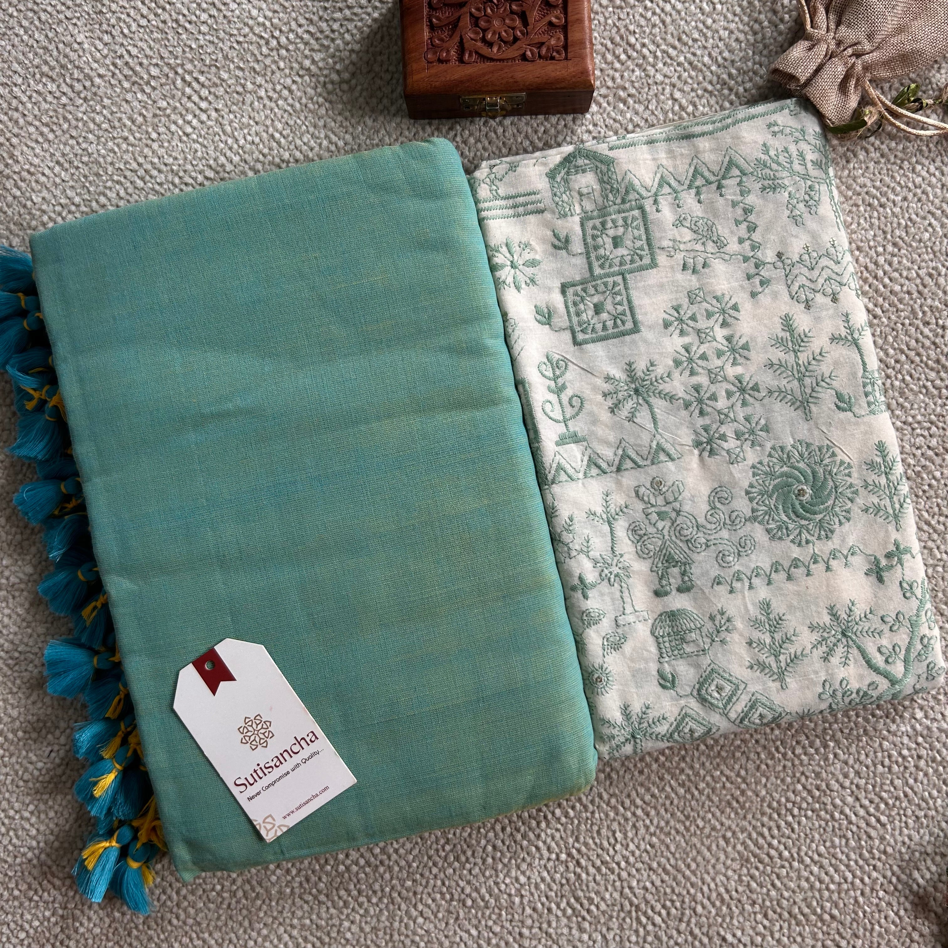 Sutisancha Pistachio Green Handloom Cotton Saree with Designer Blouse