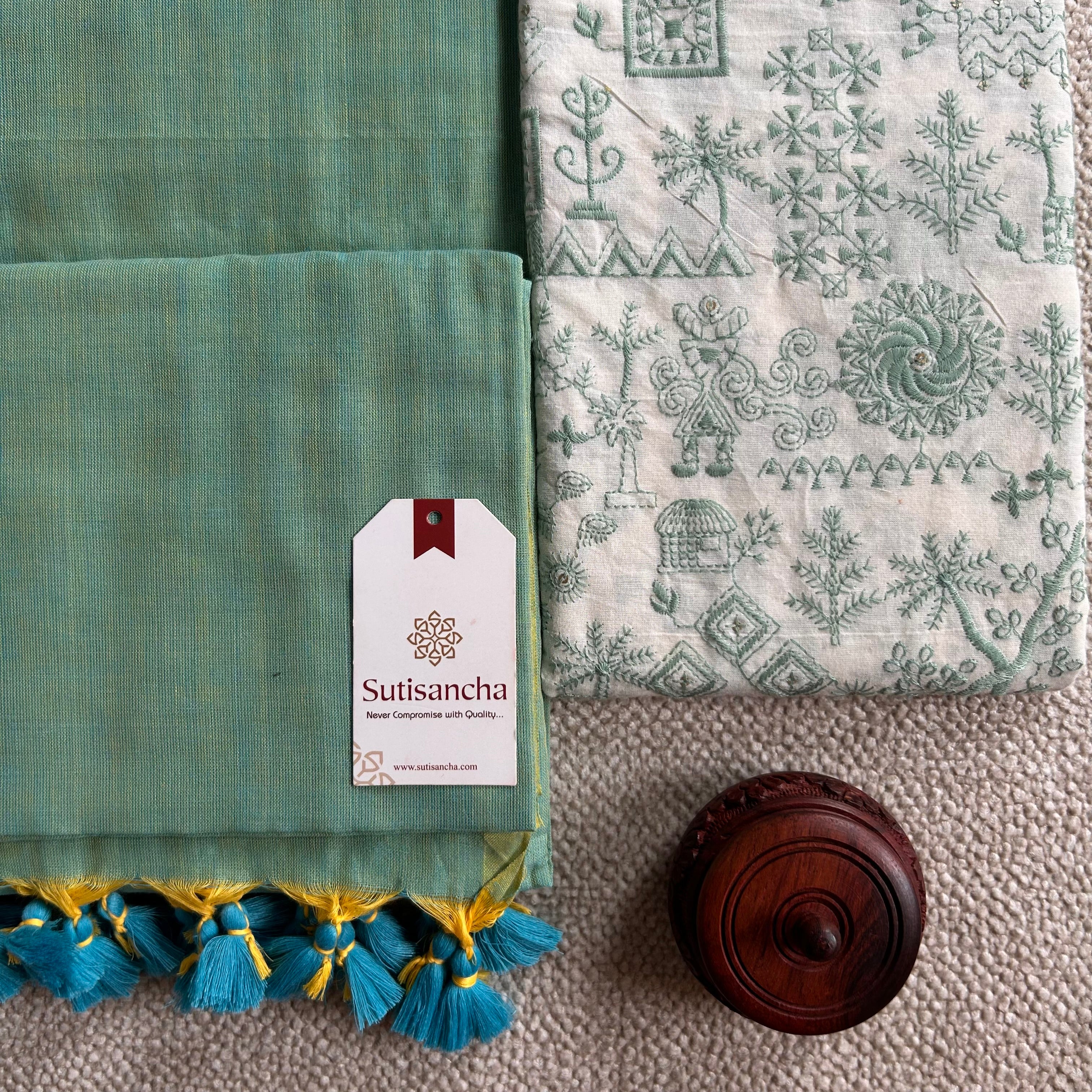 Sutisancha Pistachio Green Handloom Cotton Saree with Designer Blouse