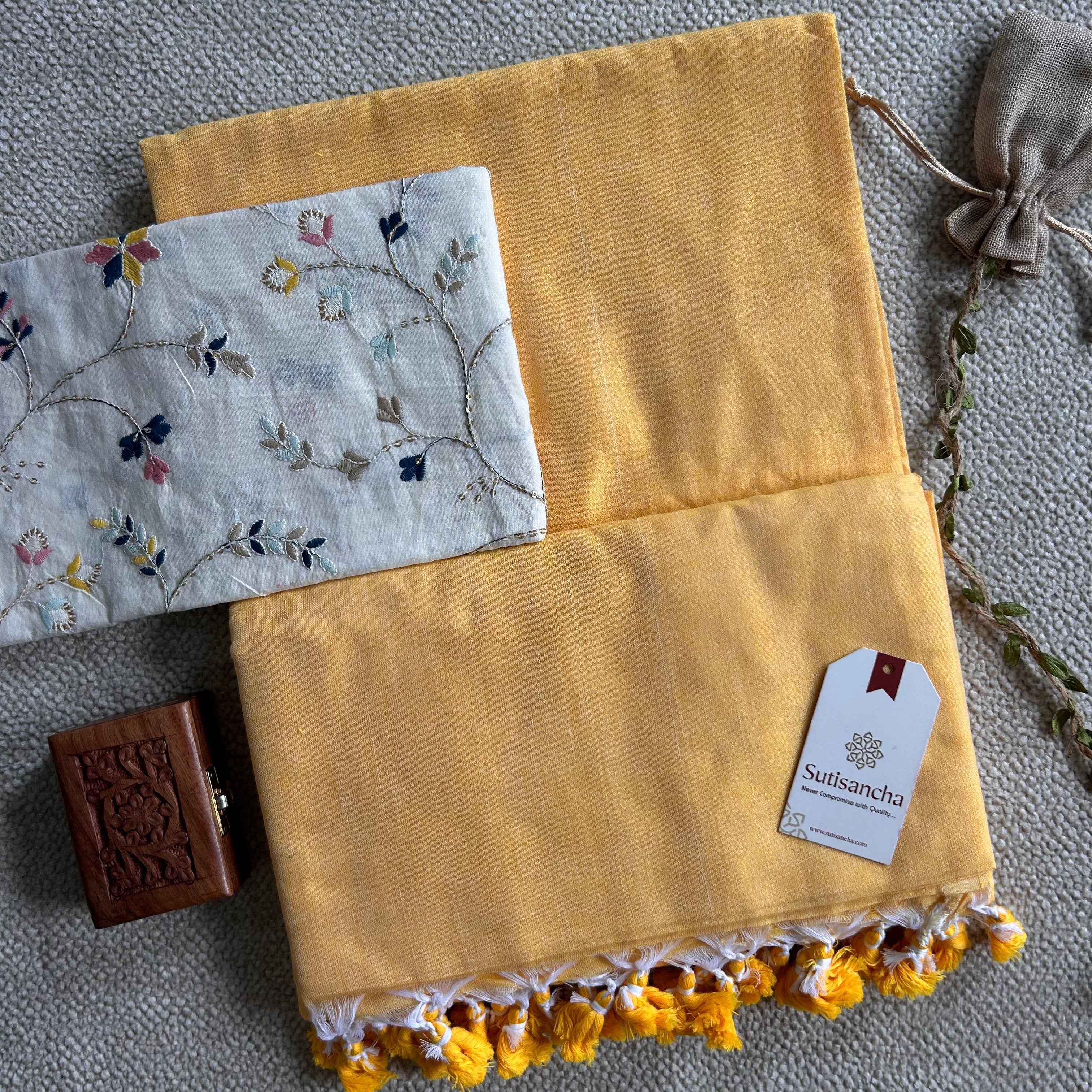 Sutisancha Yellow Handloom Cotton Saree with Designer Blouse