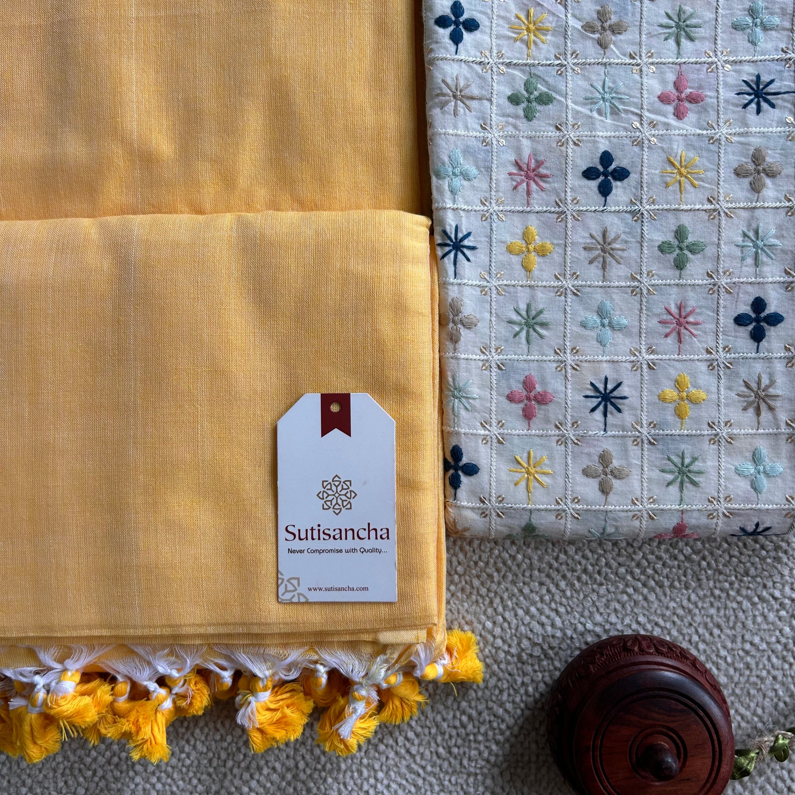 Sutisancha Yellow Cotton Saree designer work Blouse
