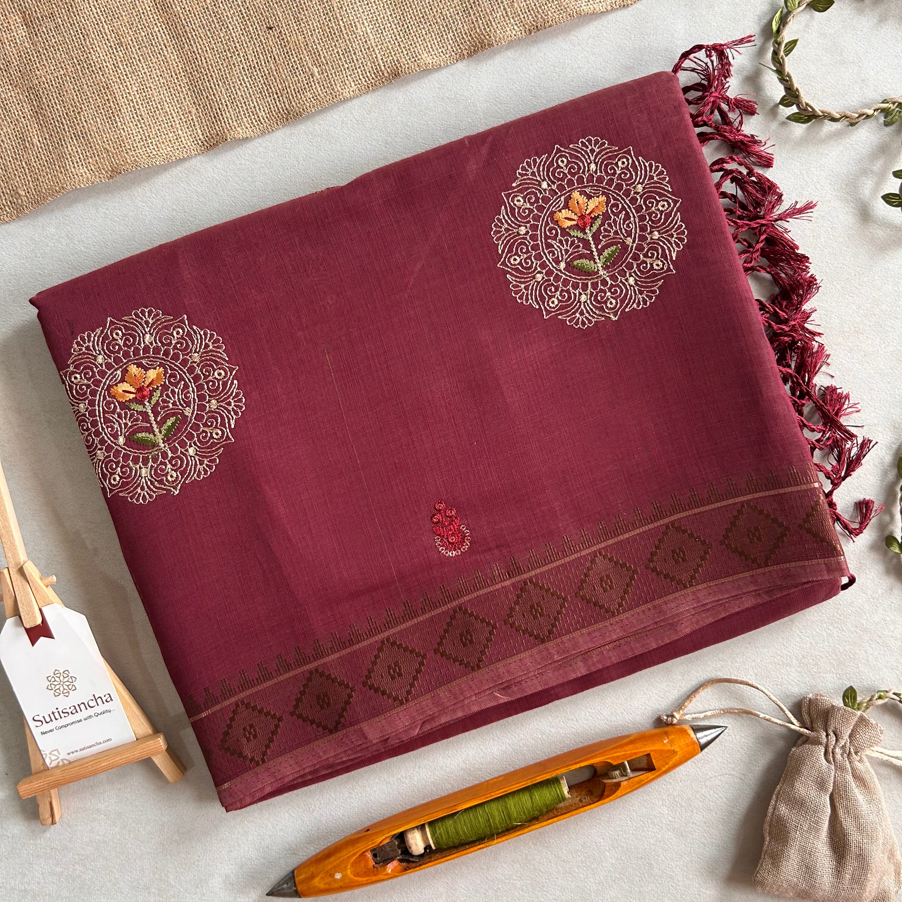 Kavya Heritage Cotton Saree Floral Thread Art