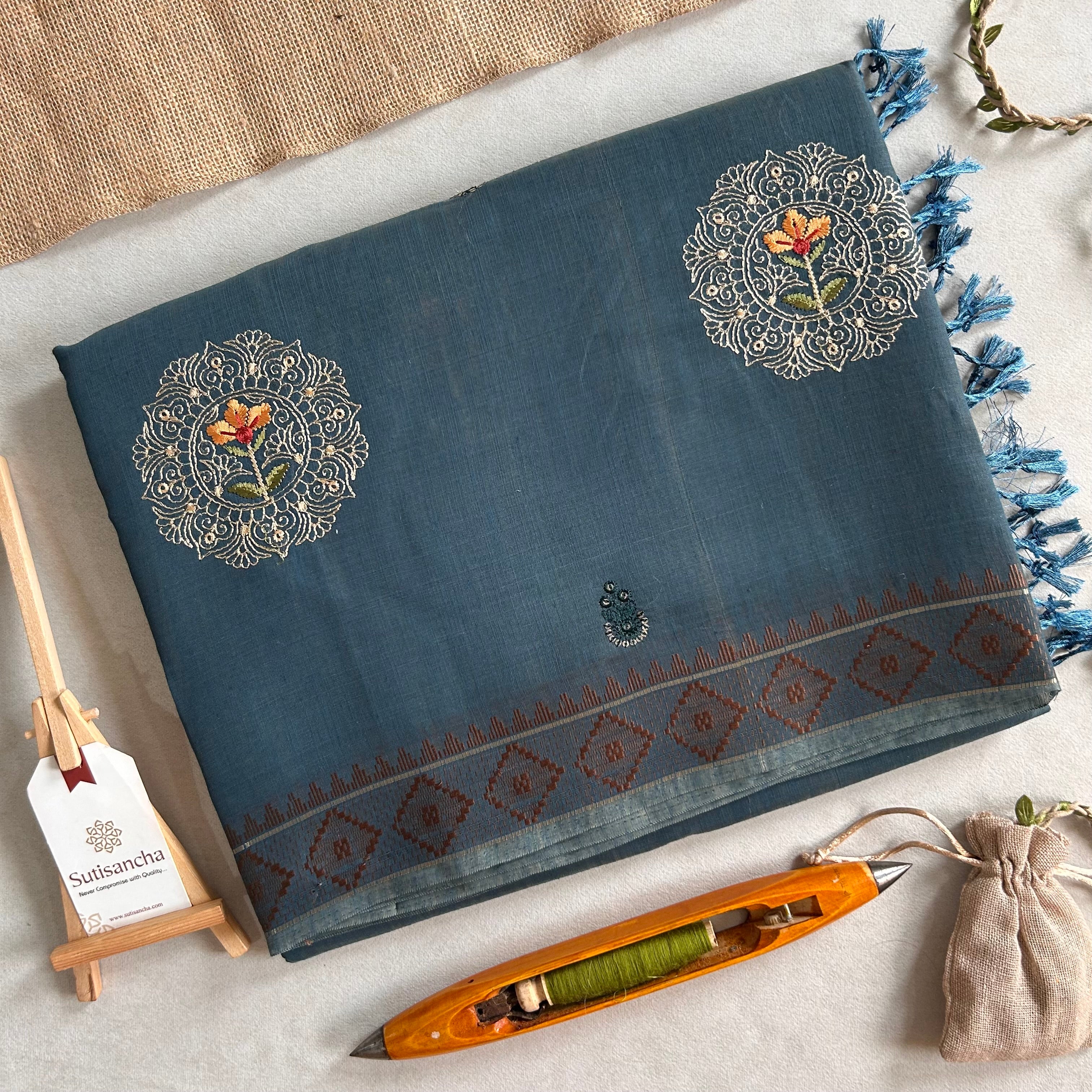Kavya Heritage Cotton Saree Floral Thread Art