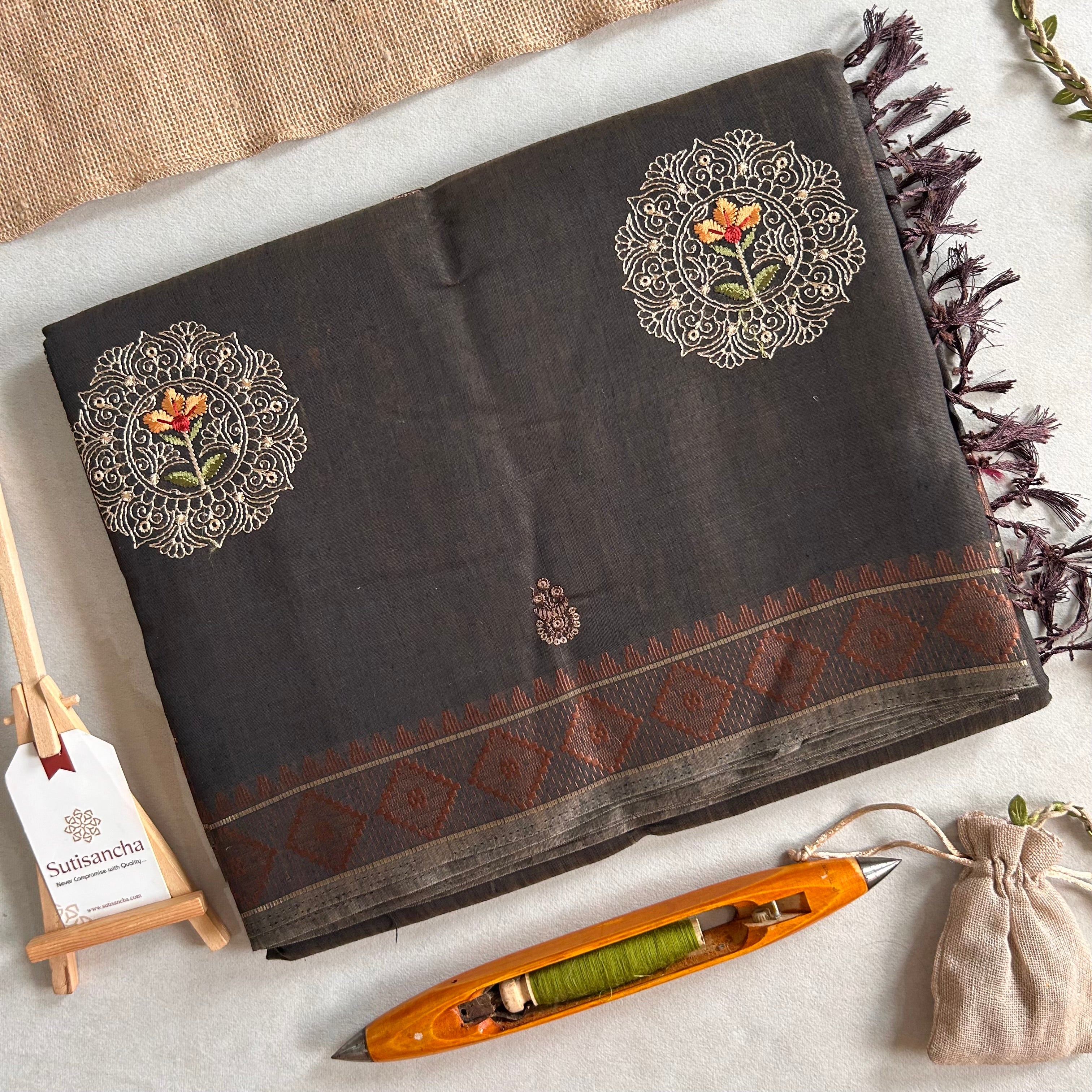 Kavya Heritage Cotton Saree Floral Thread Art