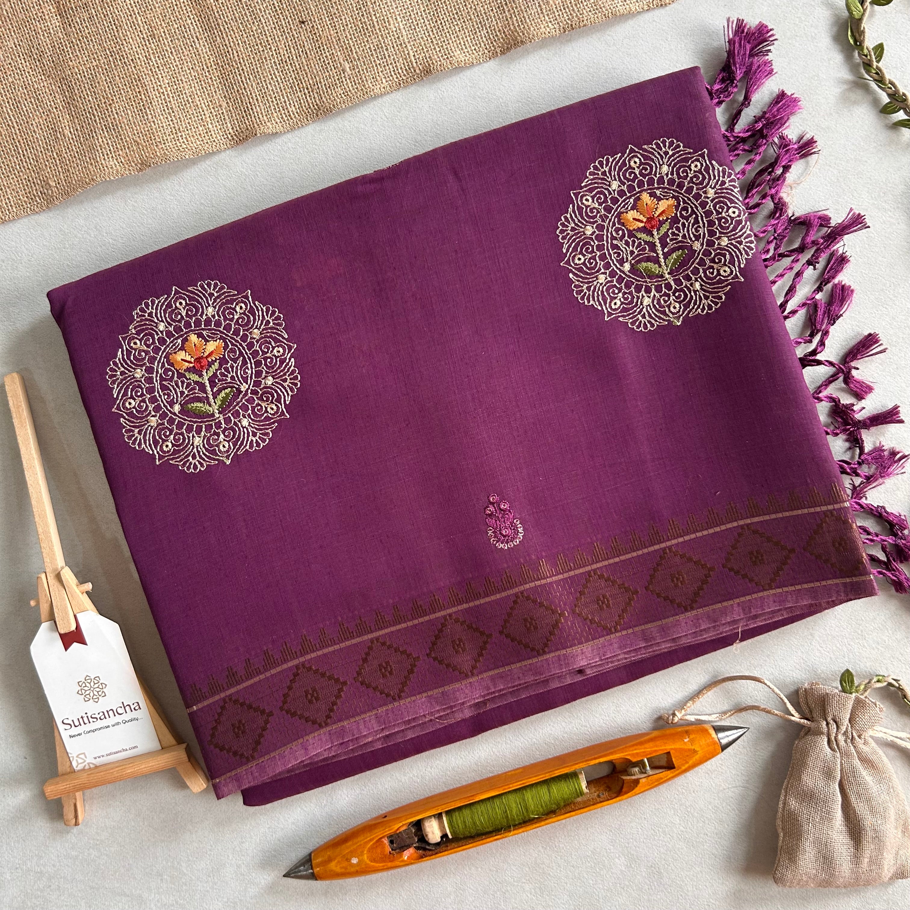 Kavya Heritage Cotton Saree Floral Thread Art