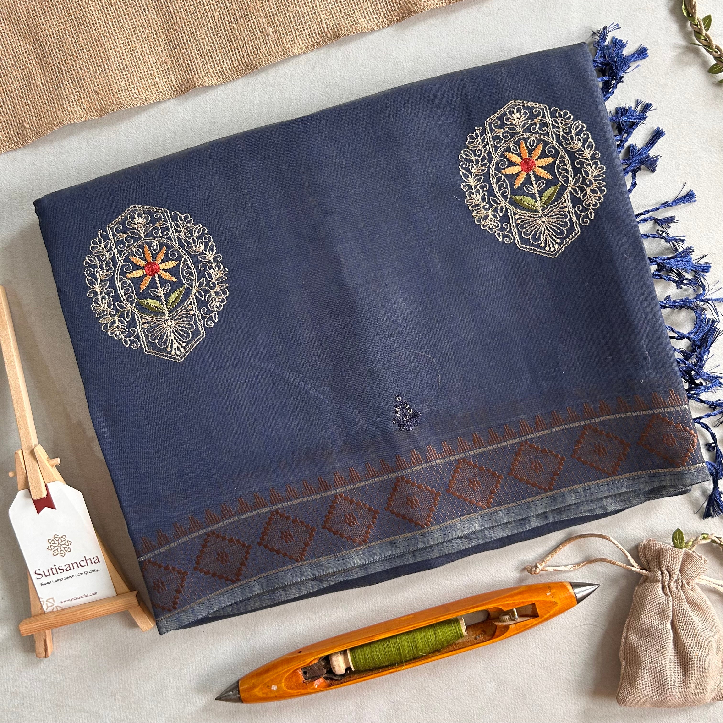 Kavya Heritage Cotton Saree Floral Thread Art