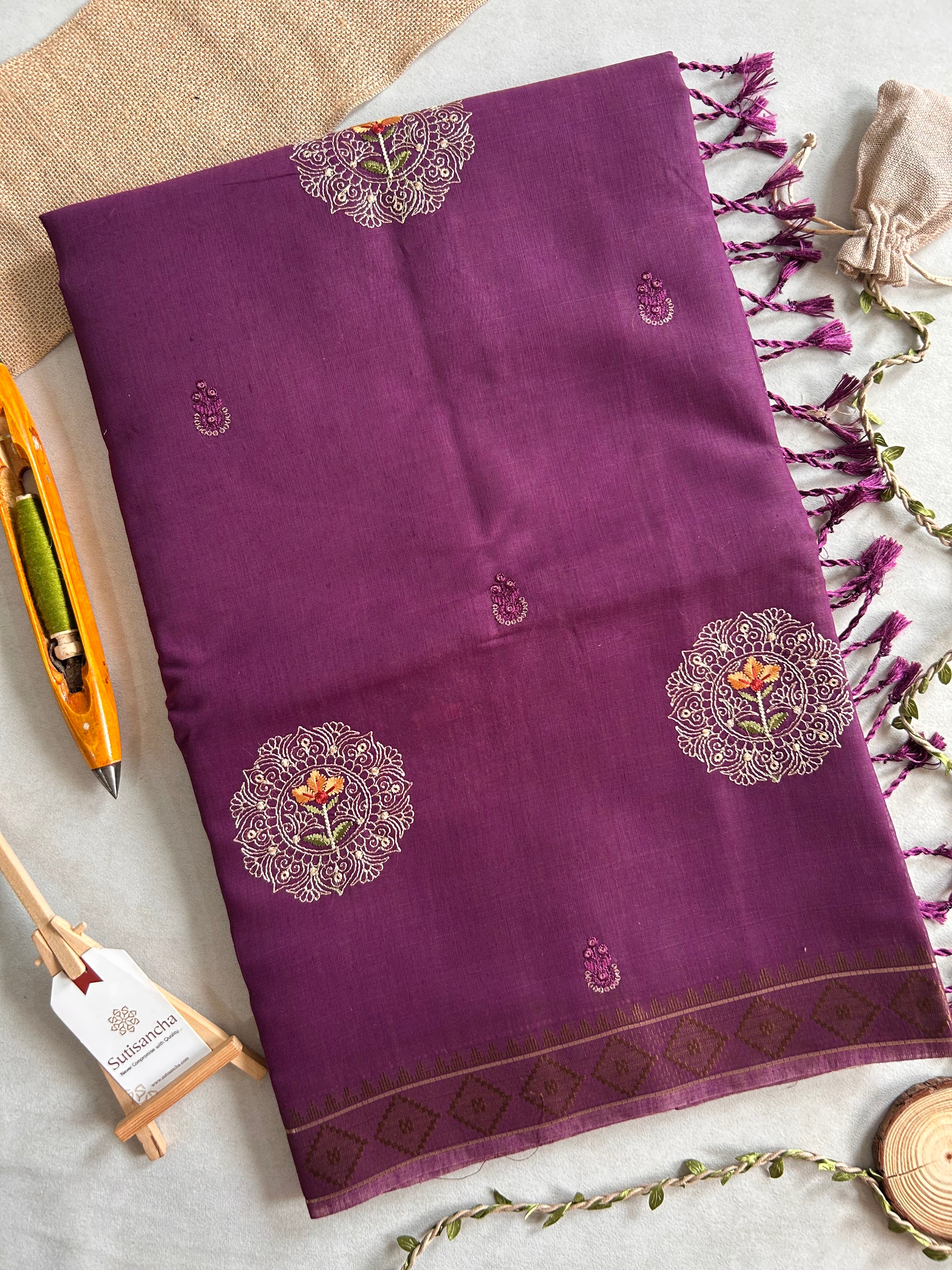 Kavya Heritage Cotton Saree Floral Thread Art