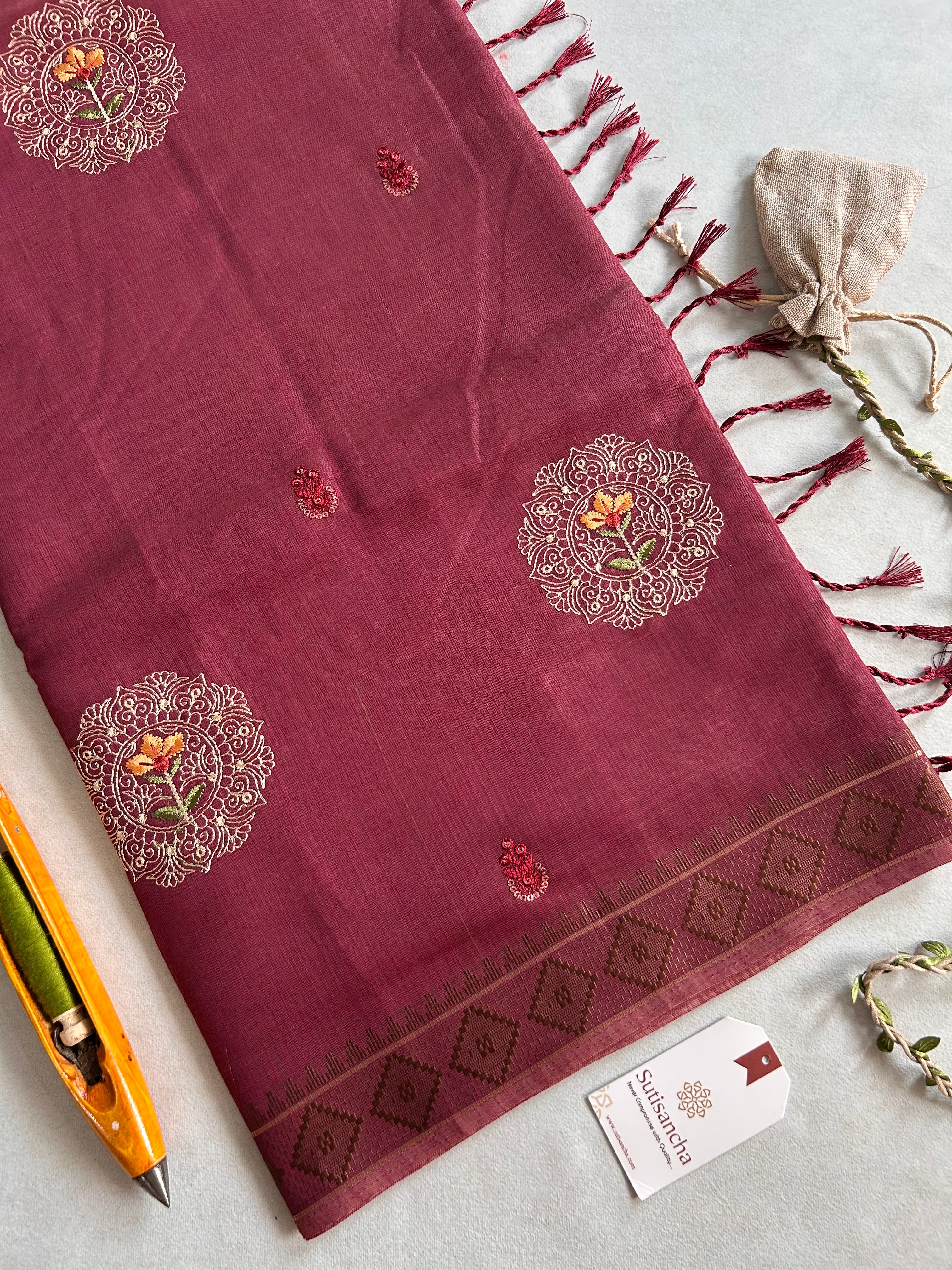 Kavya Heritage Cotton Saree Floral Thread Art