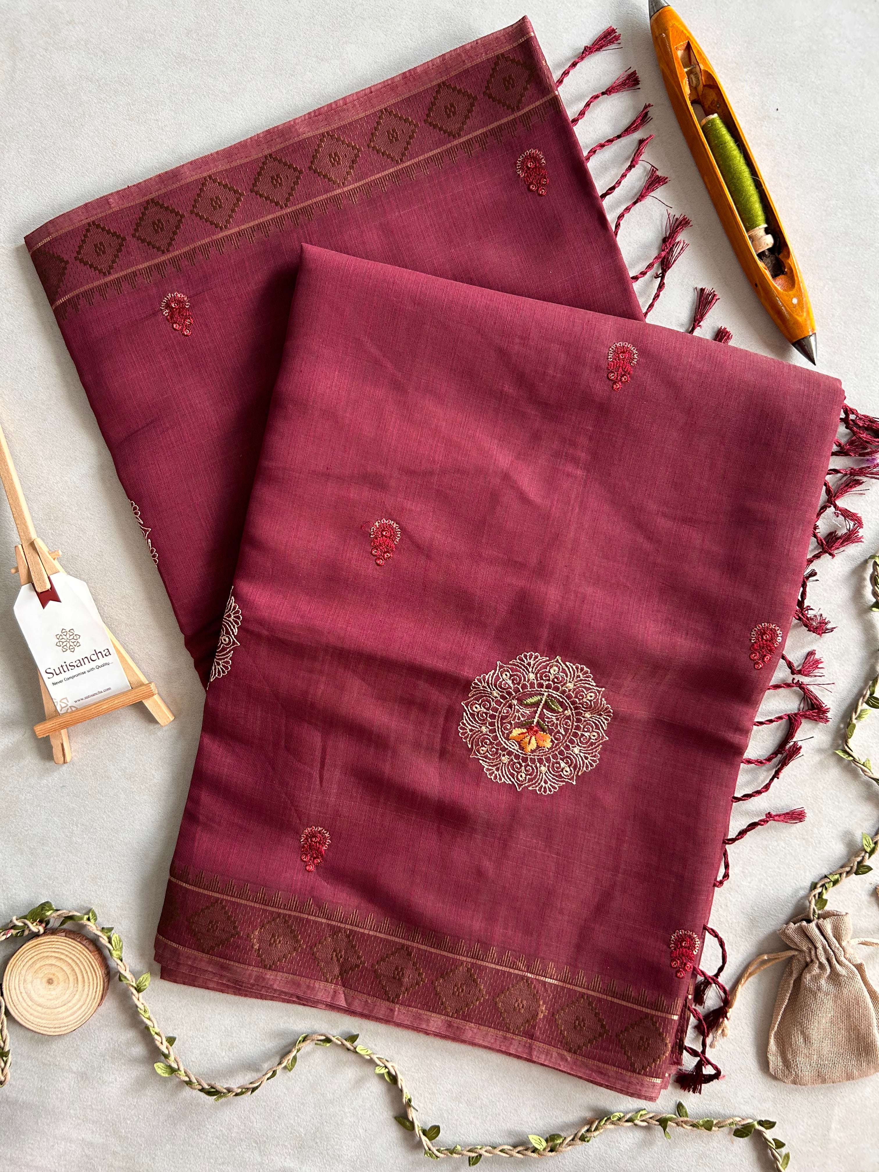 Kavya Heritage Cotton Saree Floral Thread Art