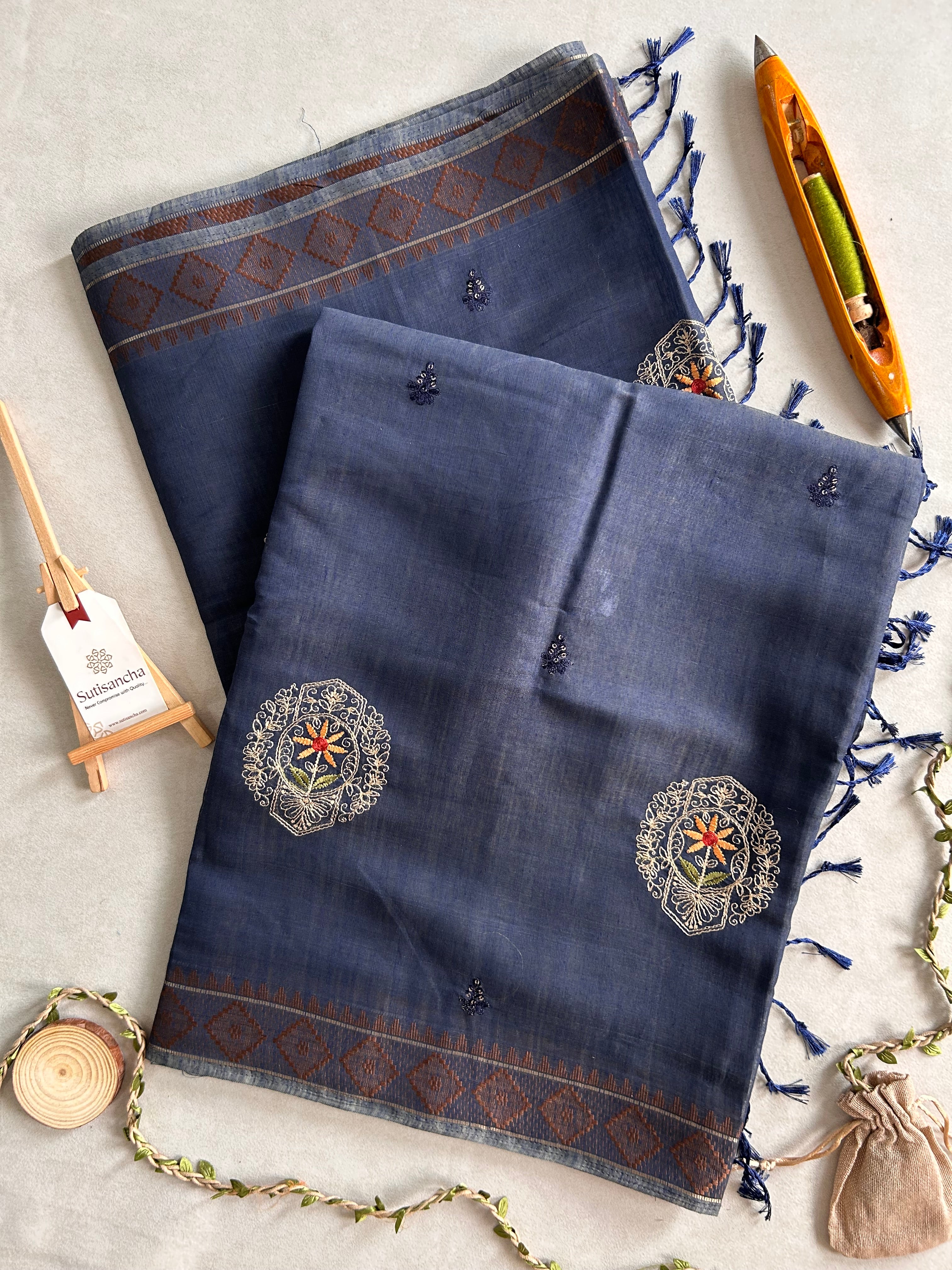 Kavya Heritage Cotton Saree Floral Thread Art