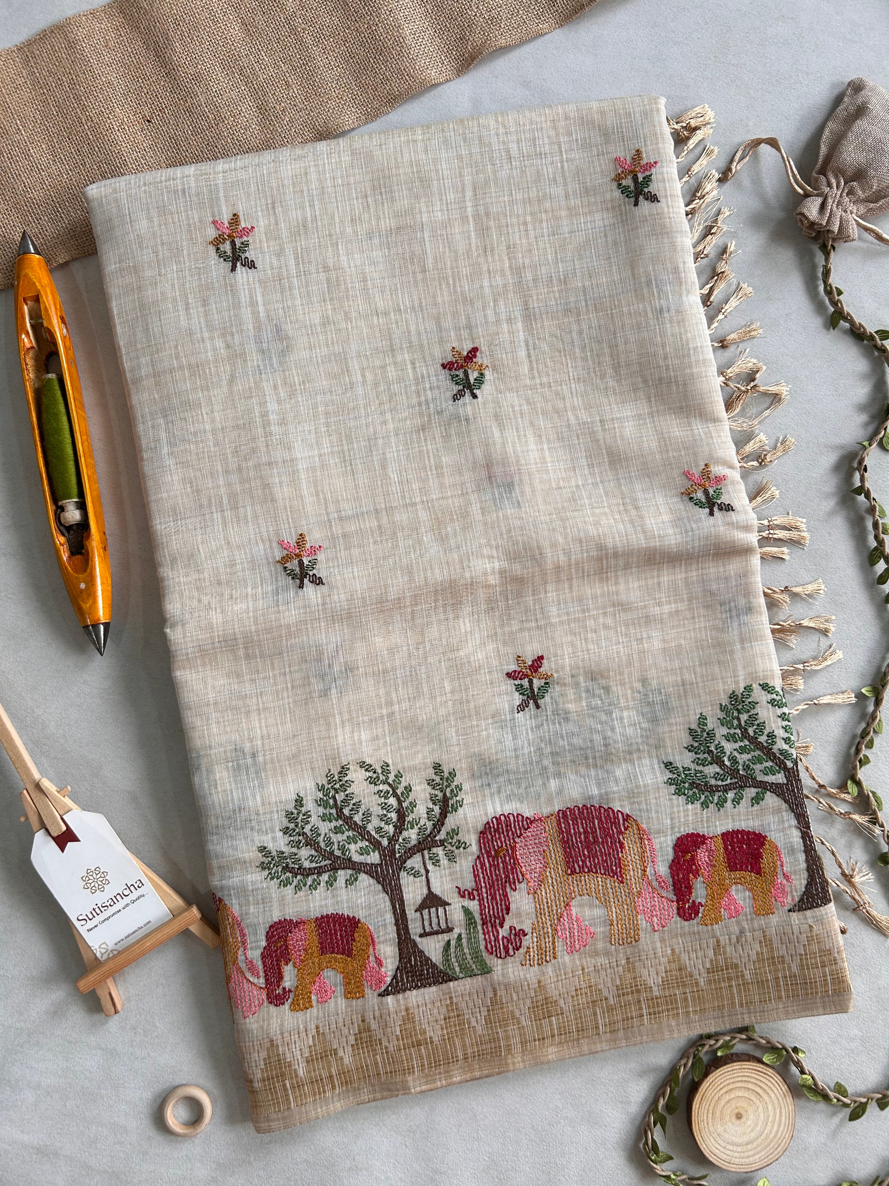 Prakriti Heritage Cotton Saree Nature Thread Art