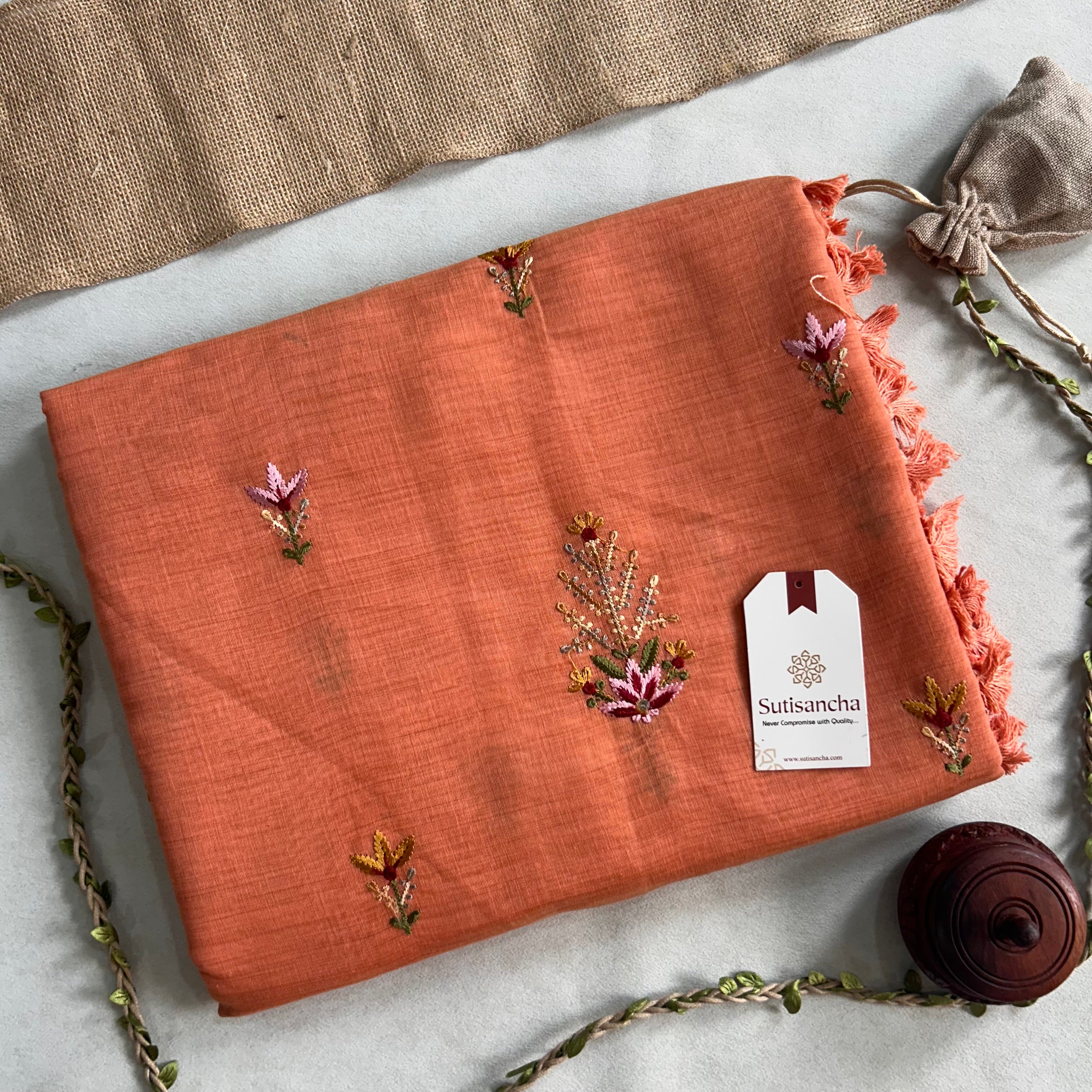 Vanika Botanical Cotton Saree Delicate Floral Thread Art