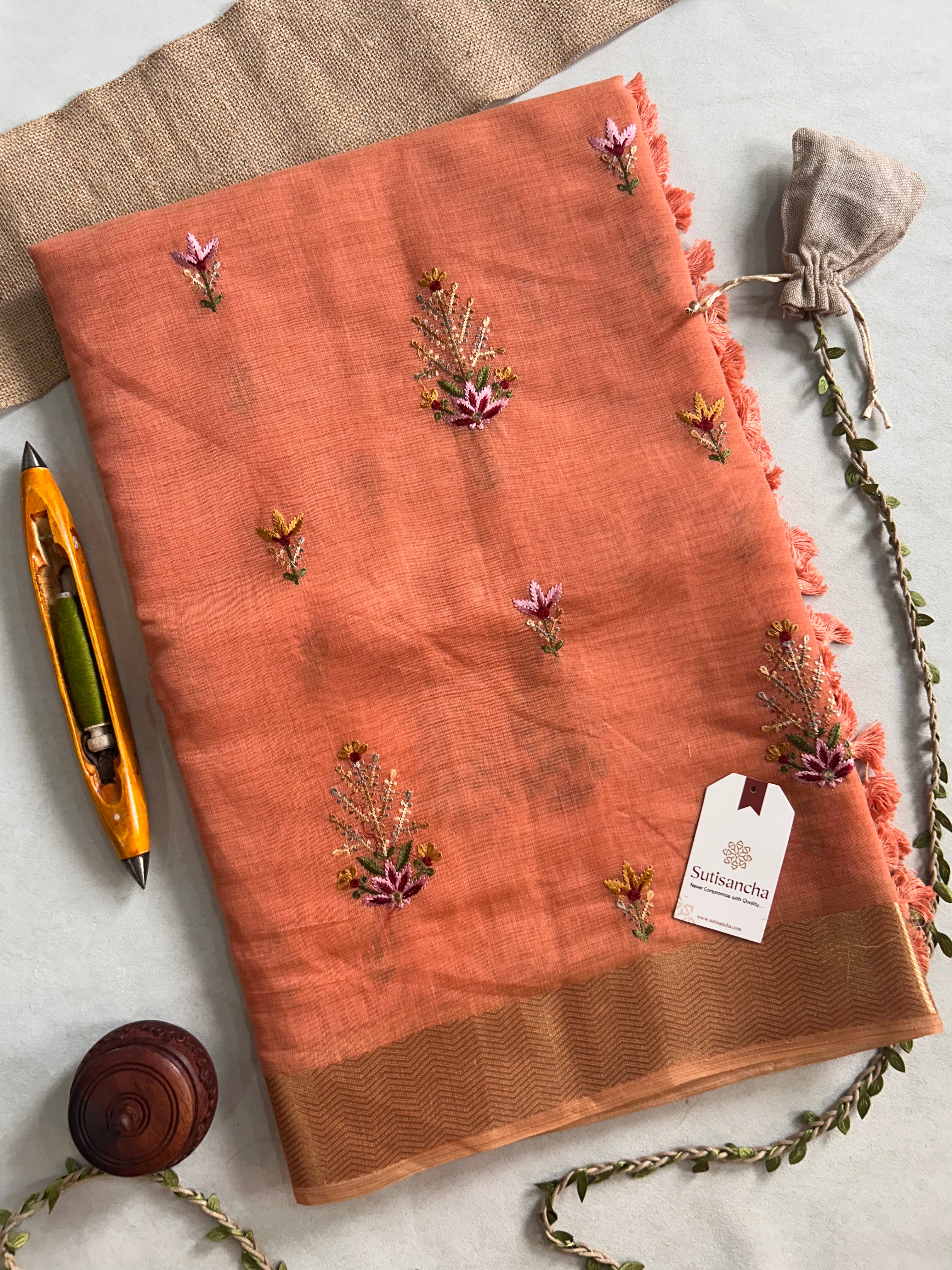 Vanika Botanical Cotton Saree Delicate Floral Thread Art