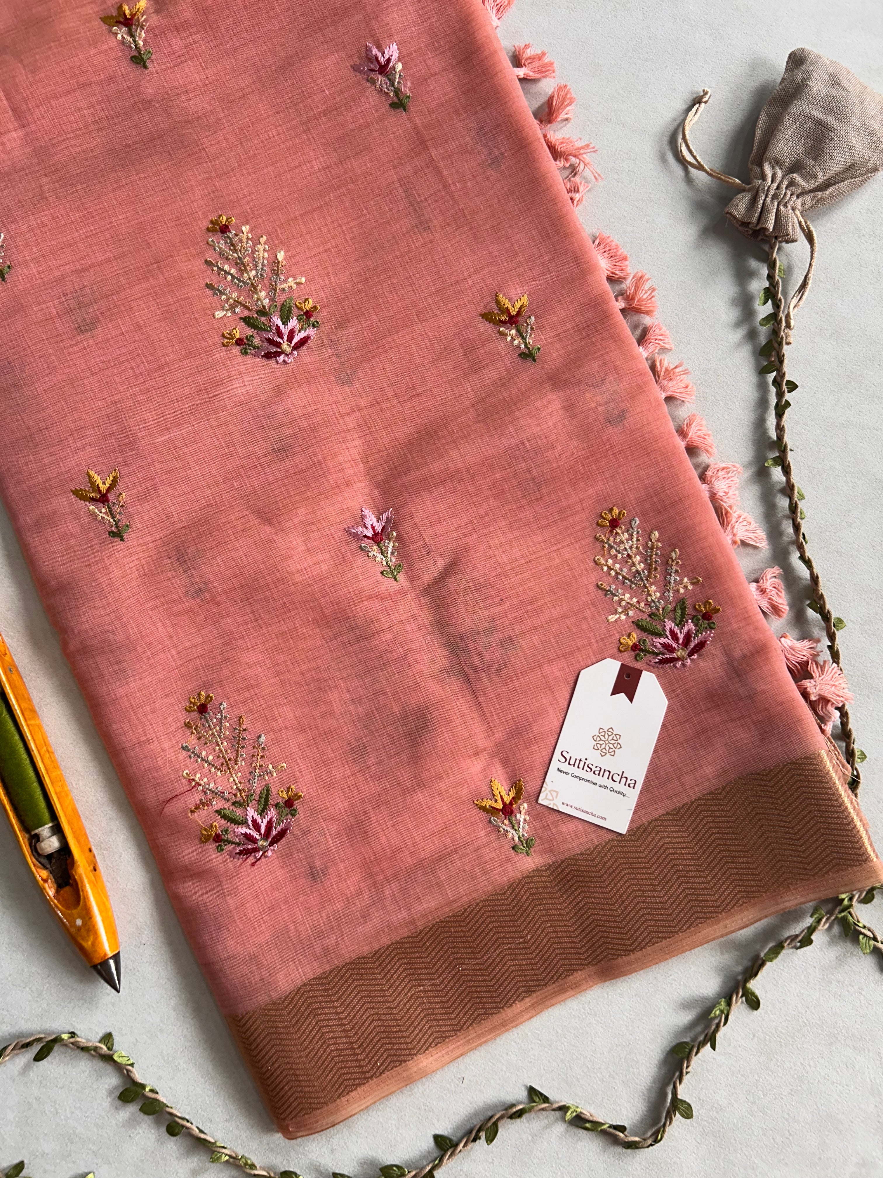 Vanika Botanical Cotton Saree Delicate Floral Thread Art