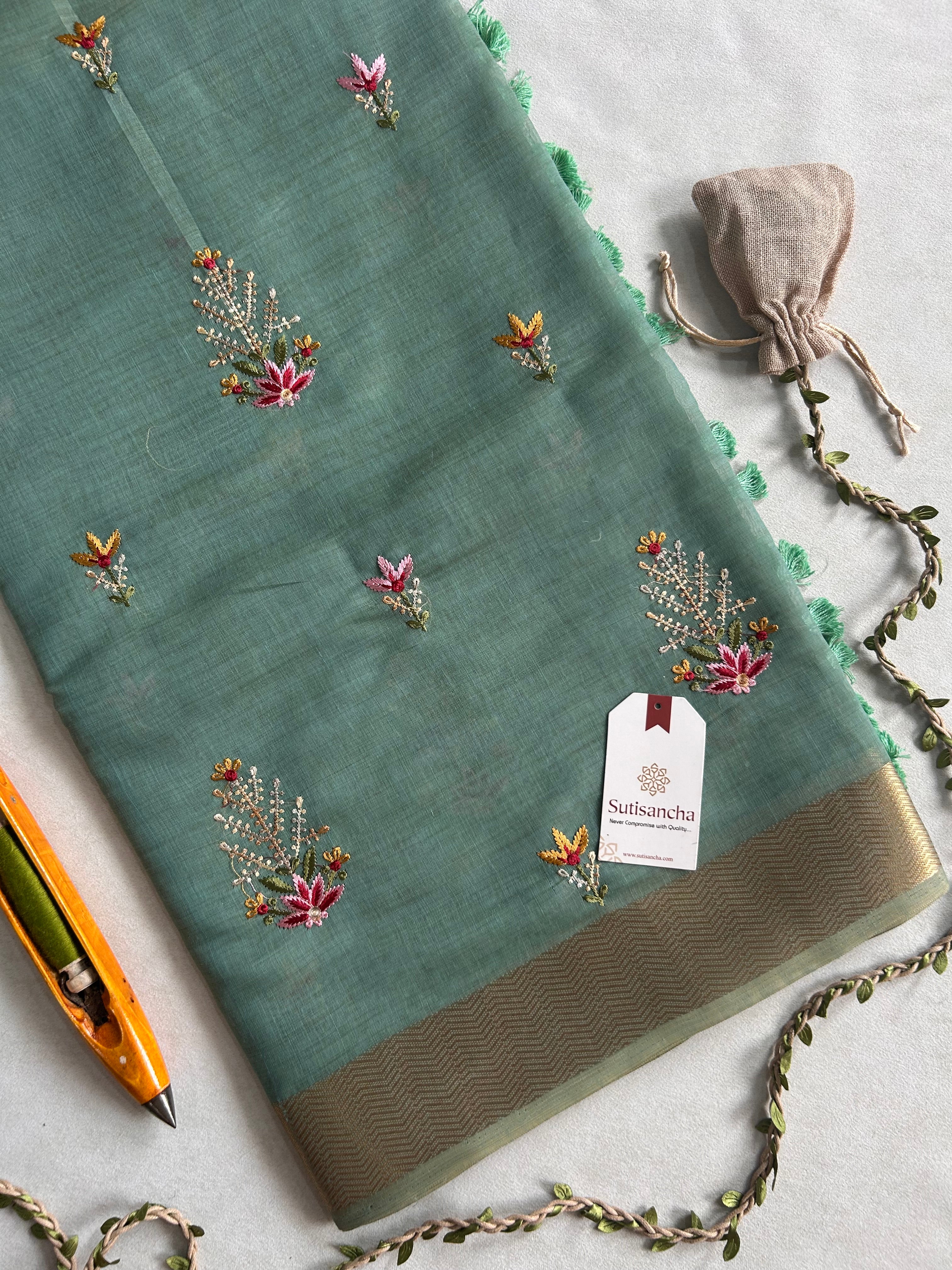 Vanika Botanical Cotton Saree Delicate Floral Thread Art