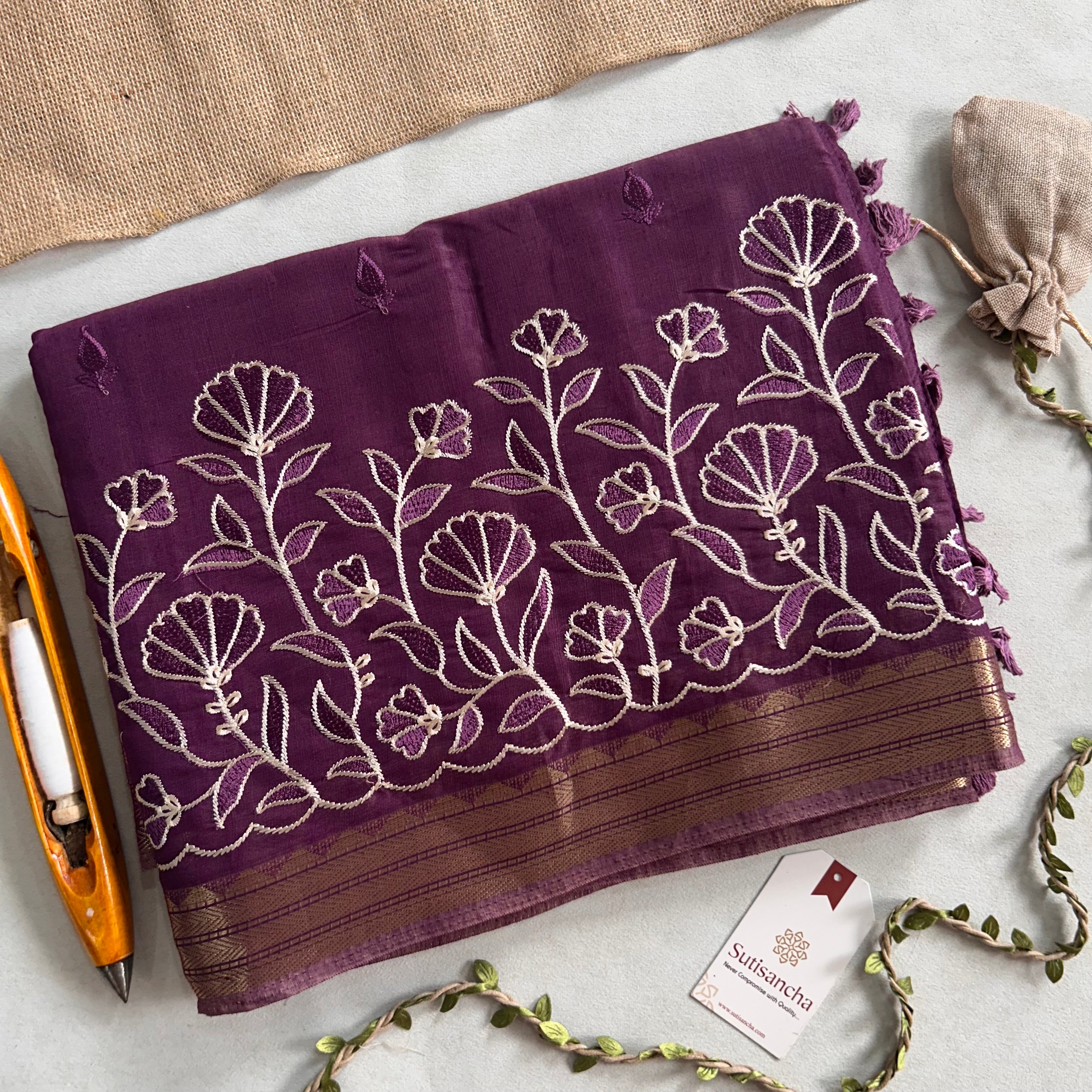 Ishani Botanical Cotton Saree Floral Thread Art