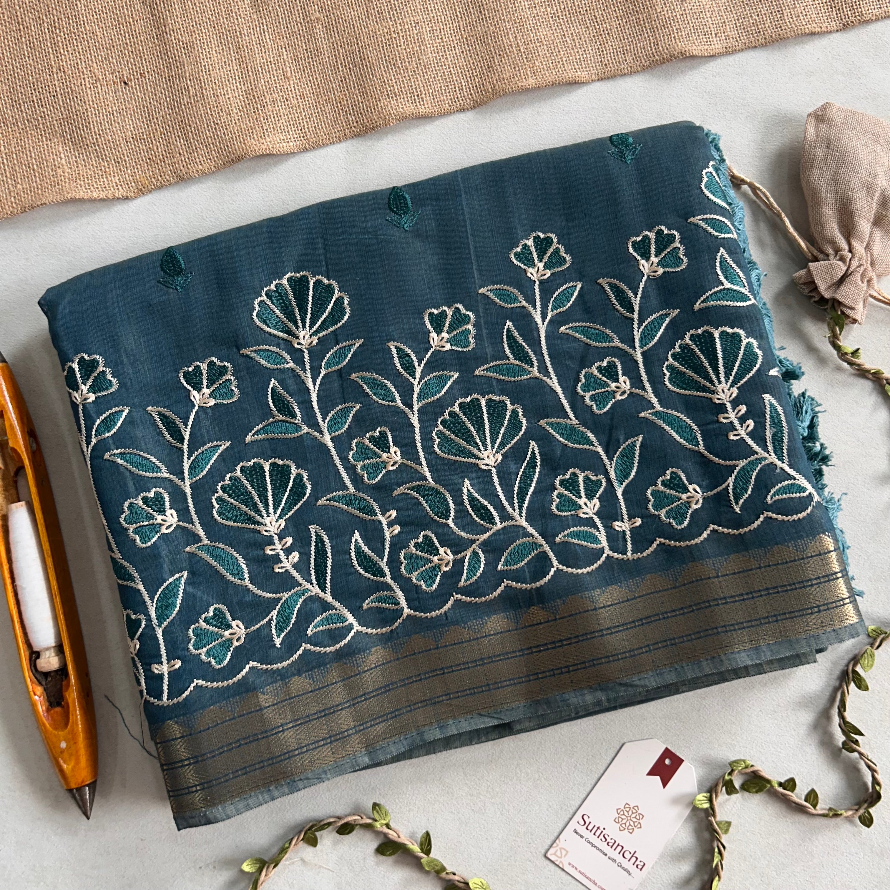 Ishani Botanical Cotton Saree Floral Thread Art