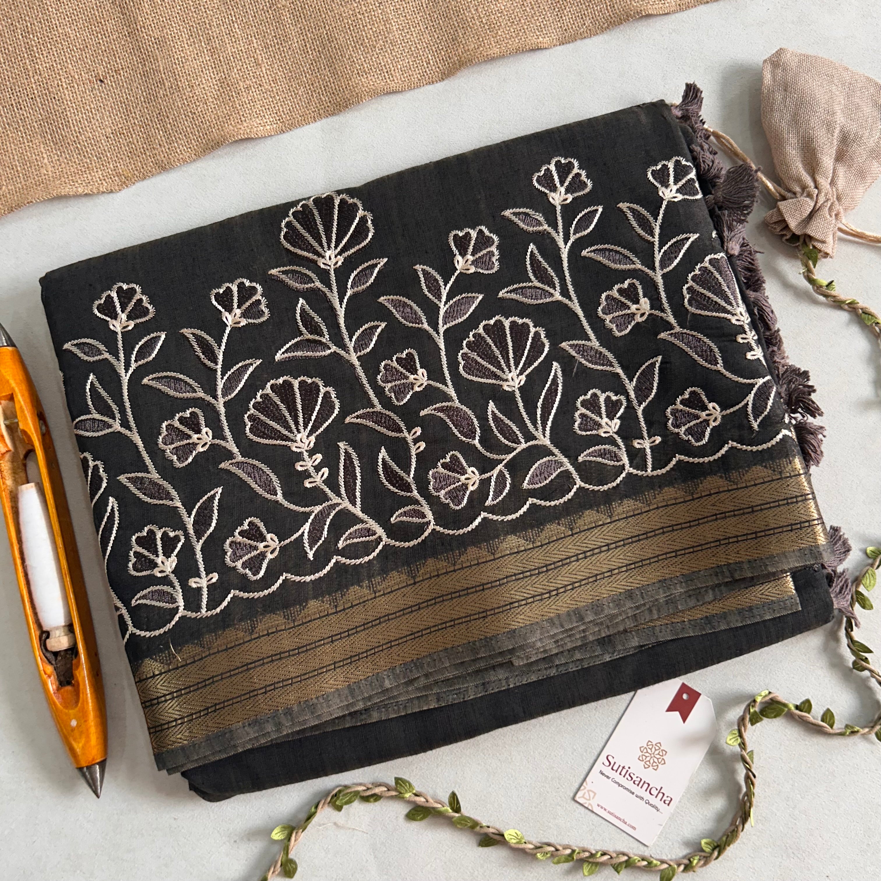 Ishani Botanical Cotton Saree Floral Thread Art