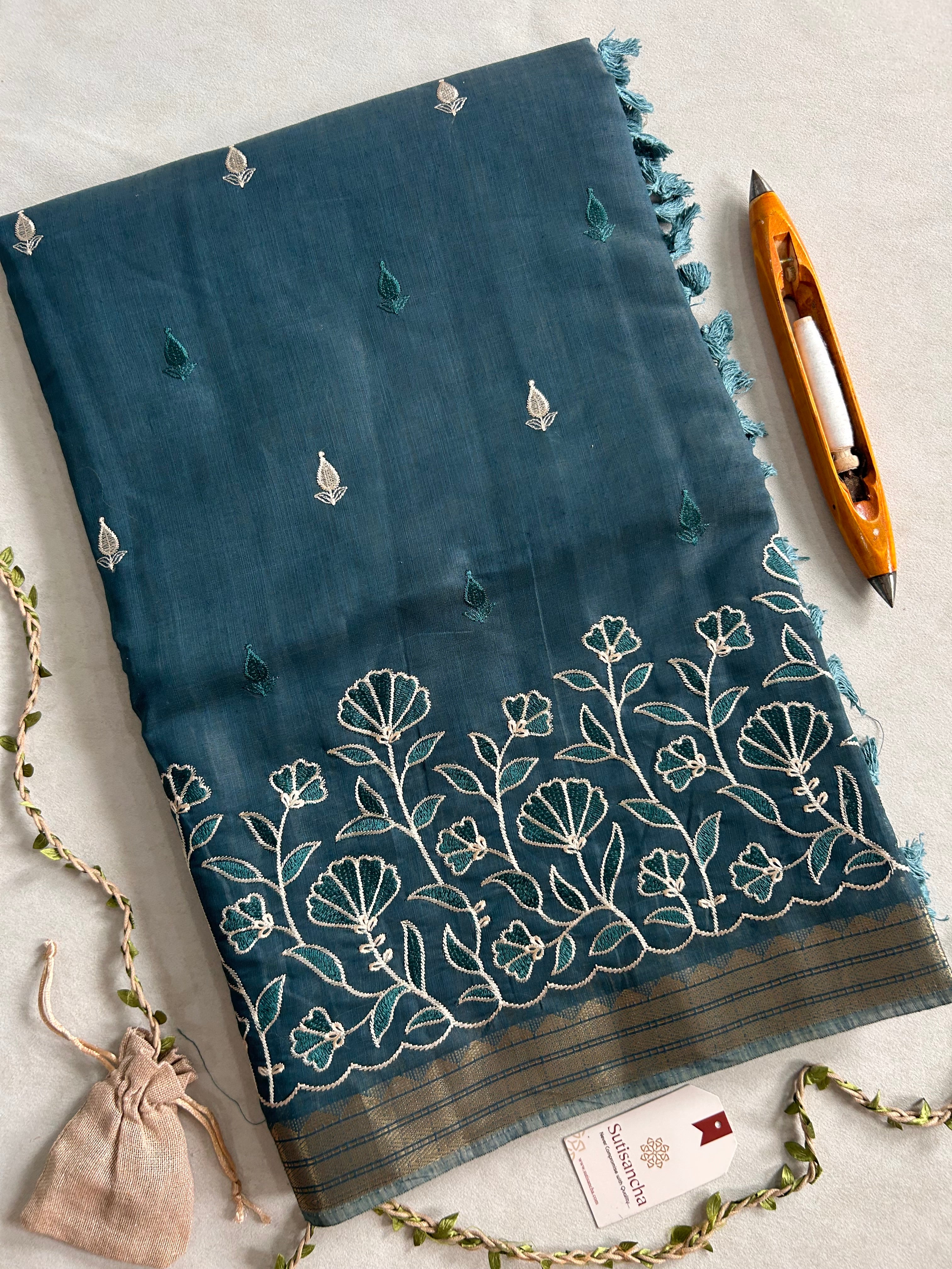 Ishani Botanical Cotton Saree Floral Thread Art