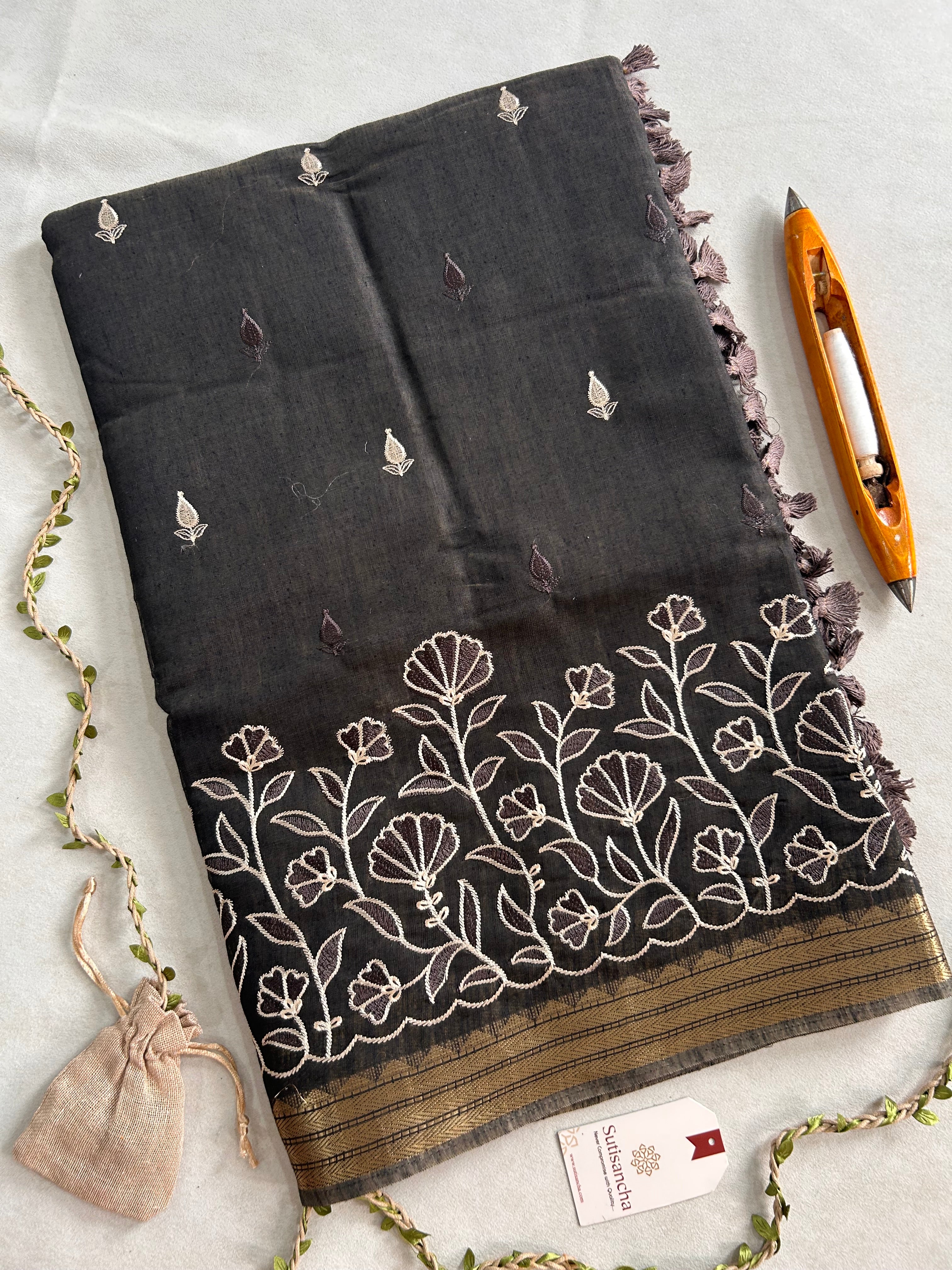 Ishani Botanical Cotton Saree Floral Thread Art