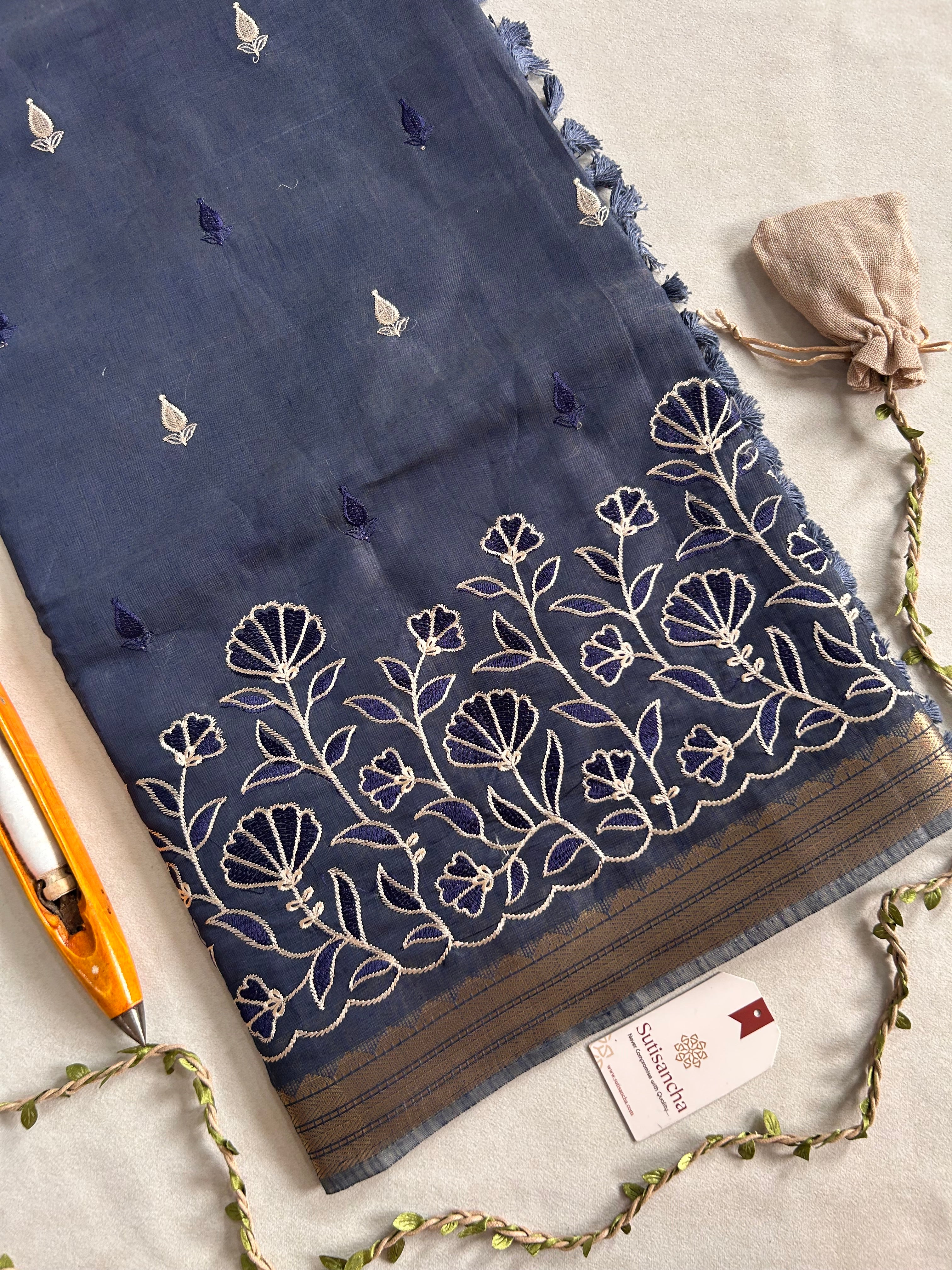 Ishani Botanical Cotton Saree Floral Thread Art
