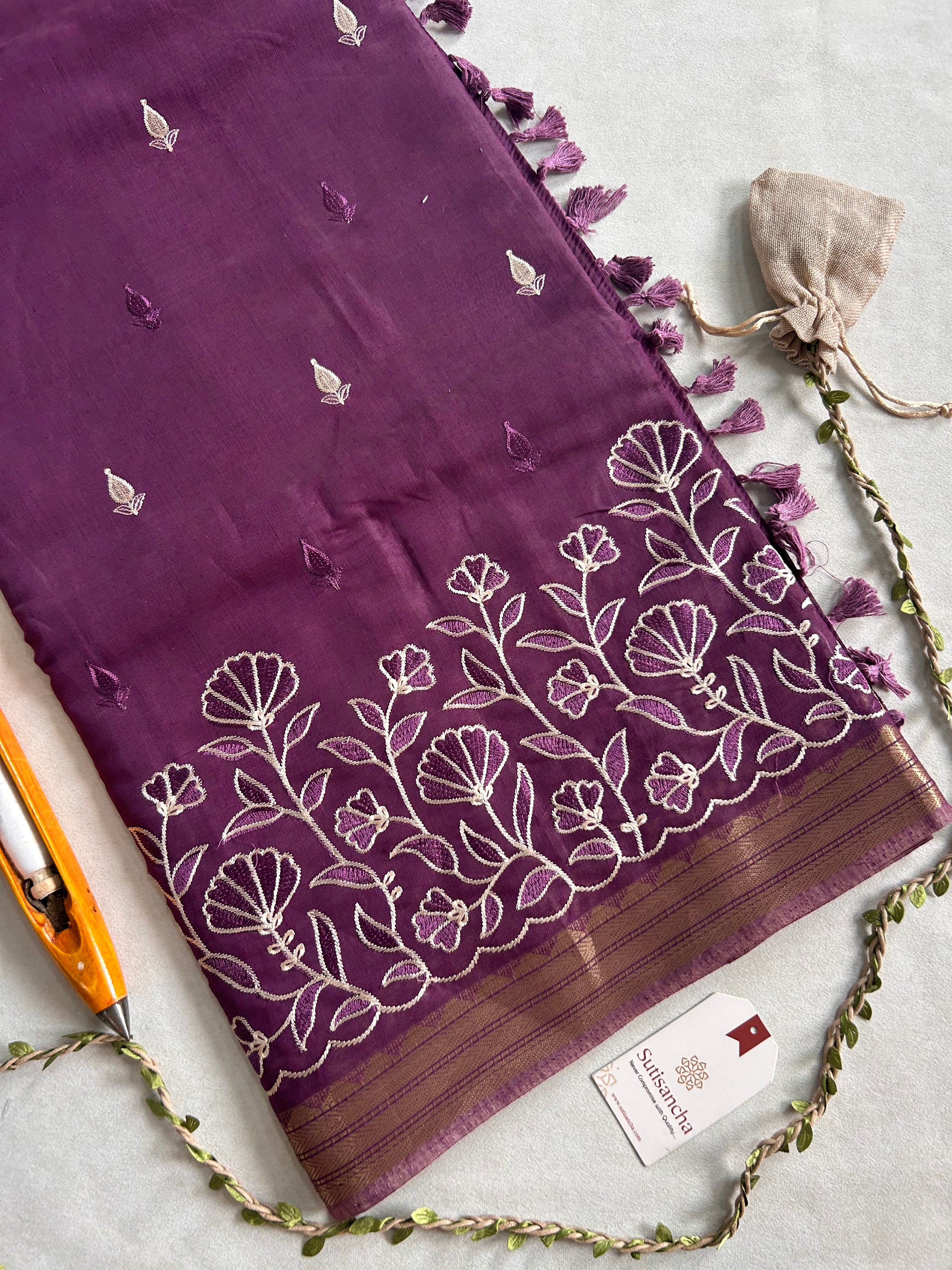 Ishani Botanical Cotton Saree Floral Thread Art