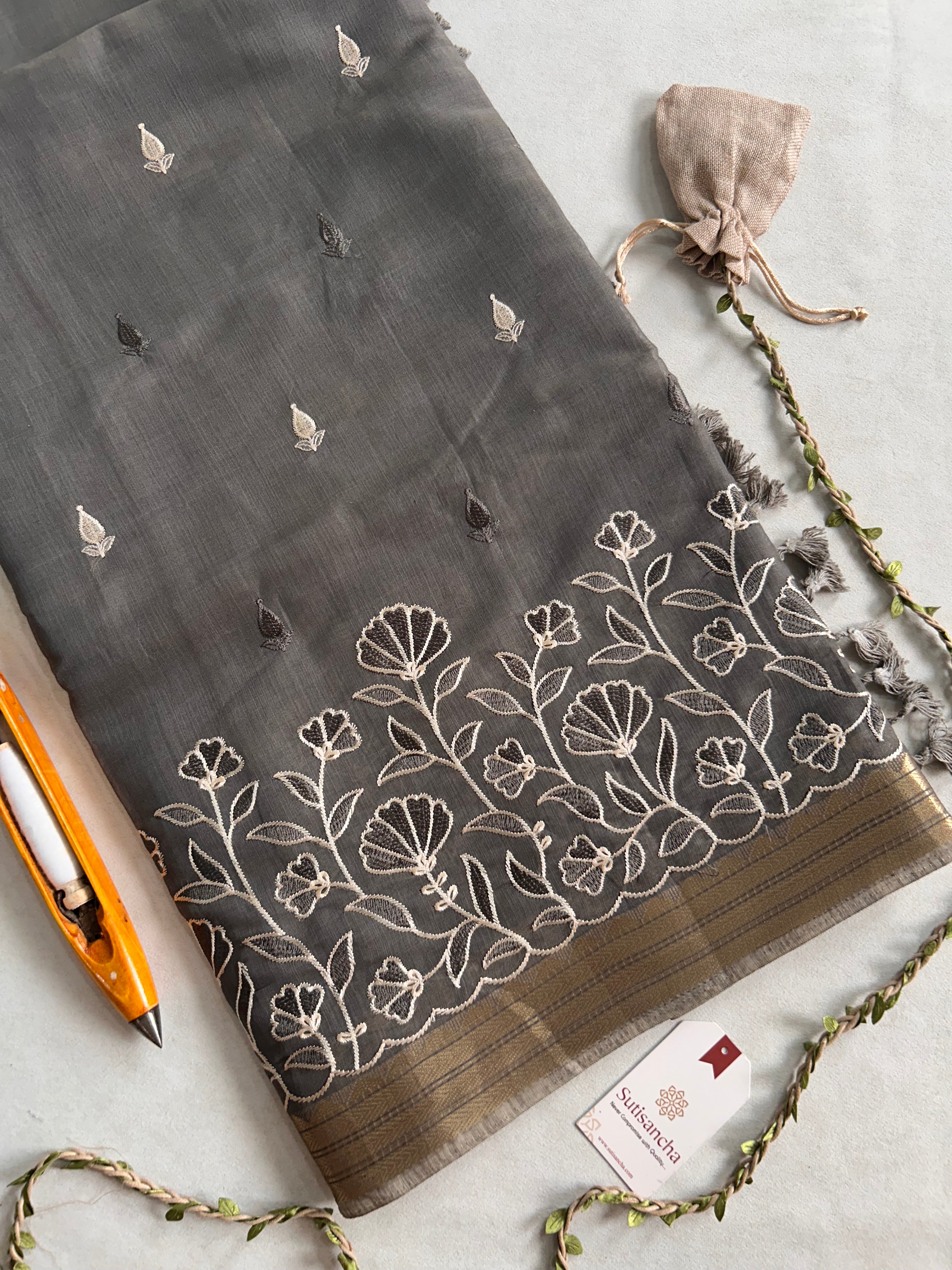Ishani Botanical Cotton Saree Floral Thread Art