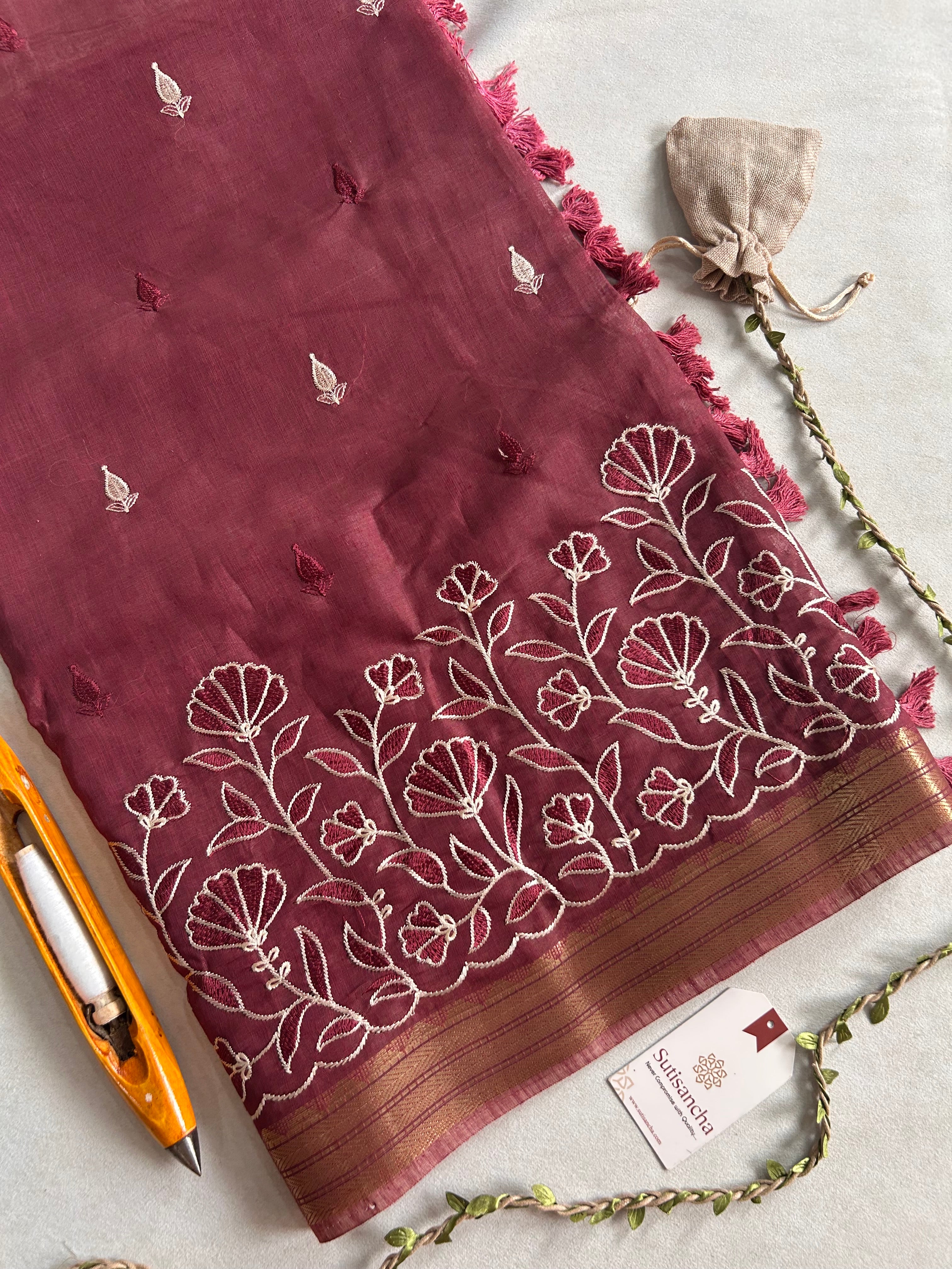 Ishani Botanical Cotton Saree Floral Thread Art