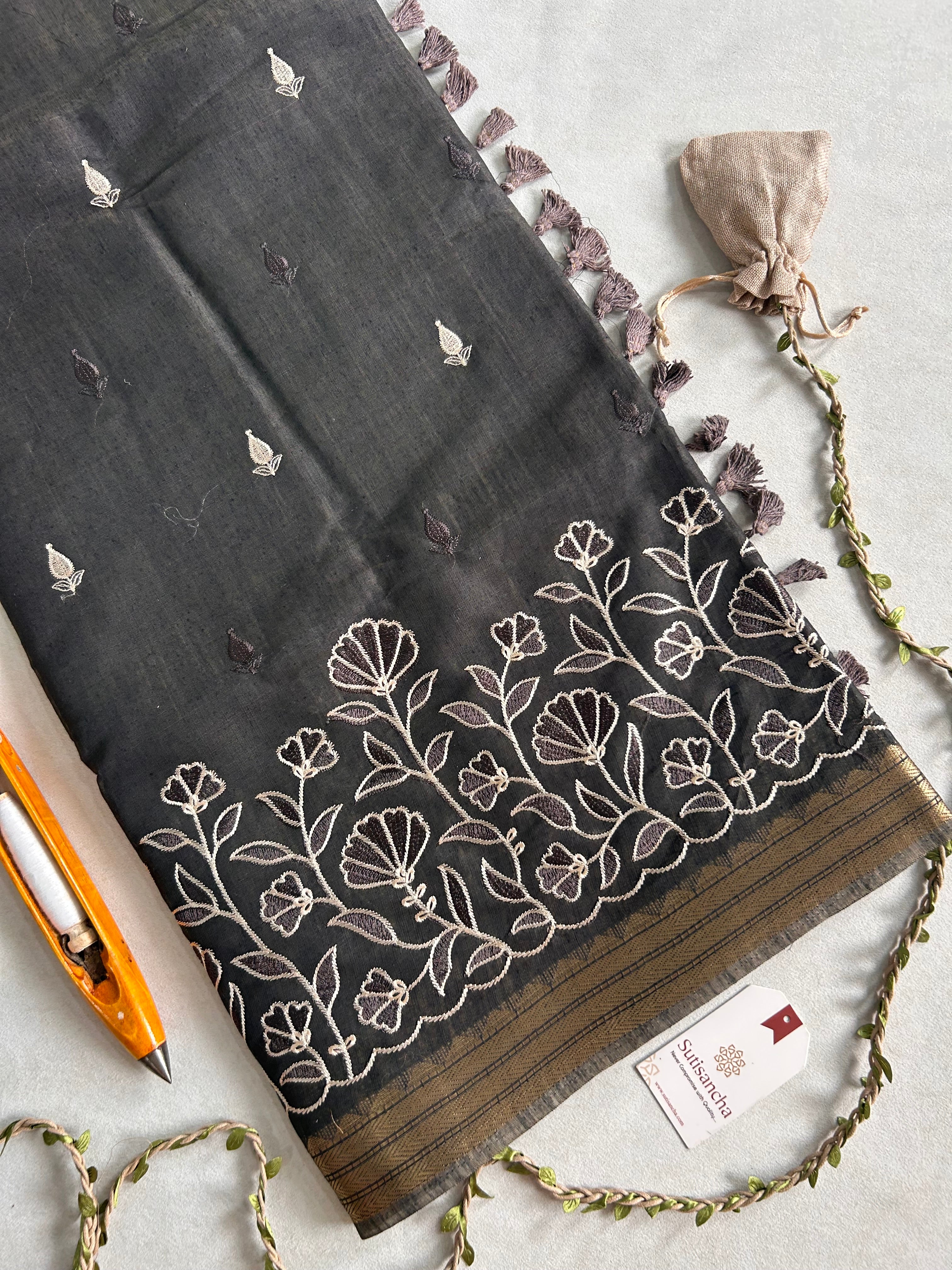 Ishani Botanical Cotton Saree Floral Thread Art