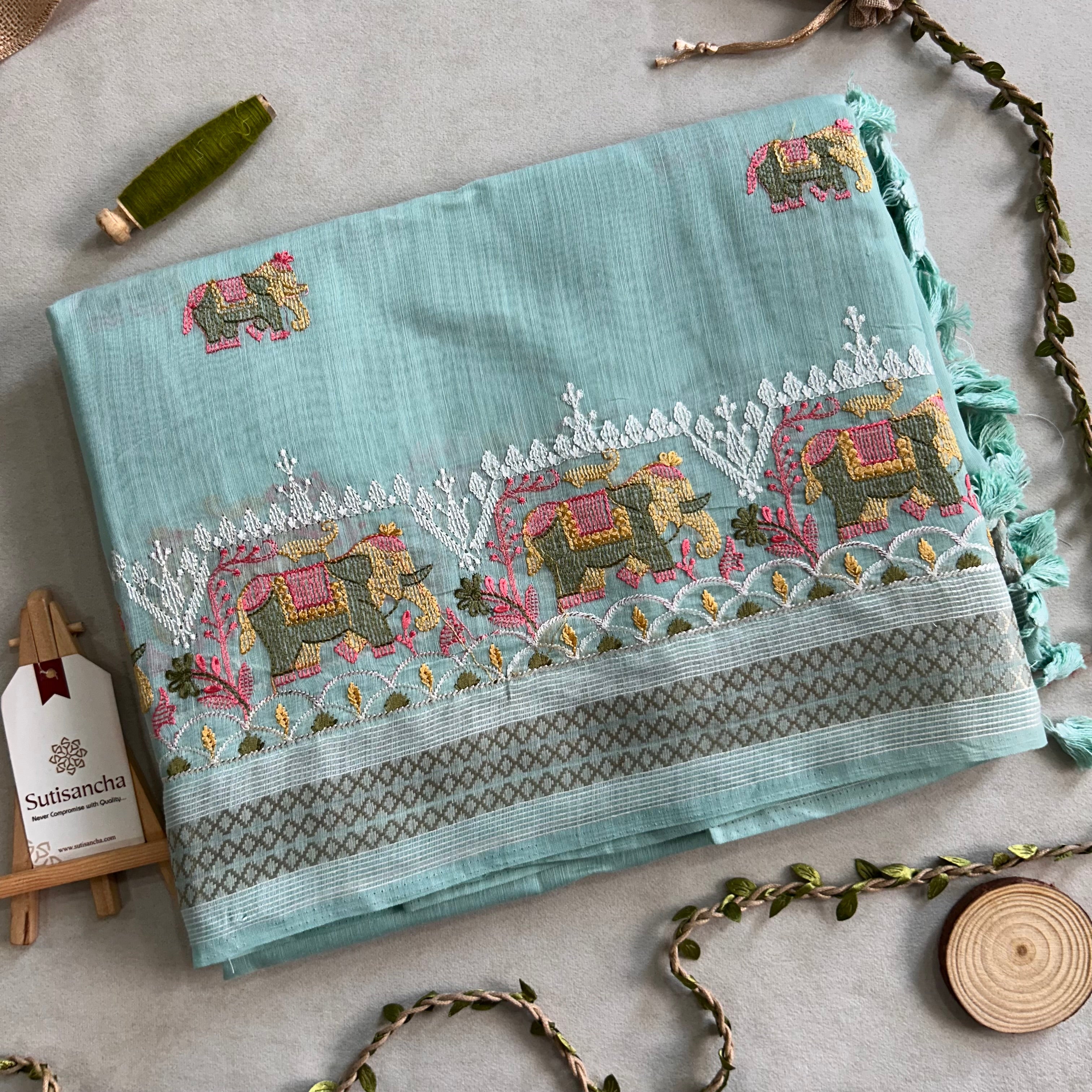 Elina Heritage Cotton Saree Elephant Floral Border Design