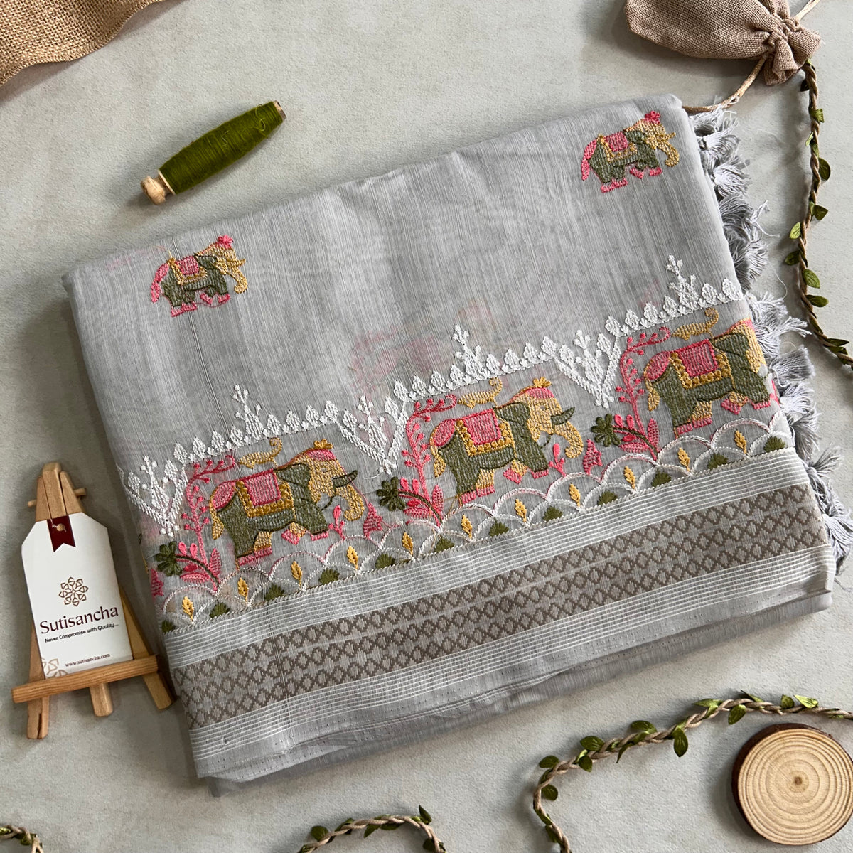 Elina Heritage Cotton Saree Elephant Floral Border Design