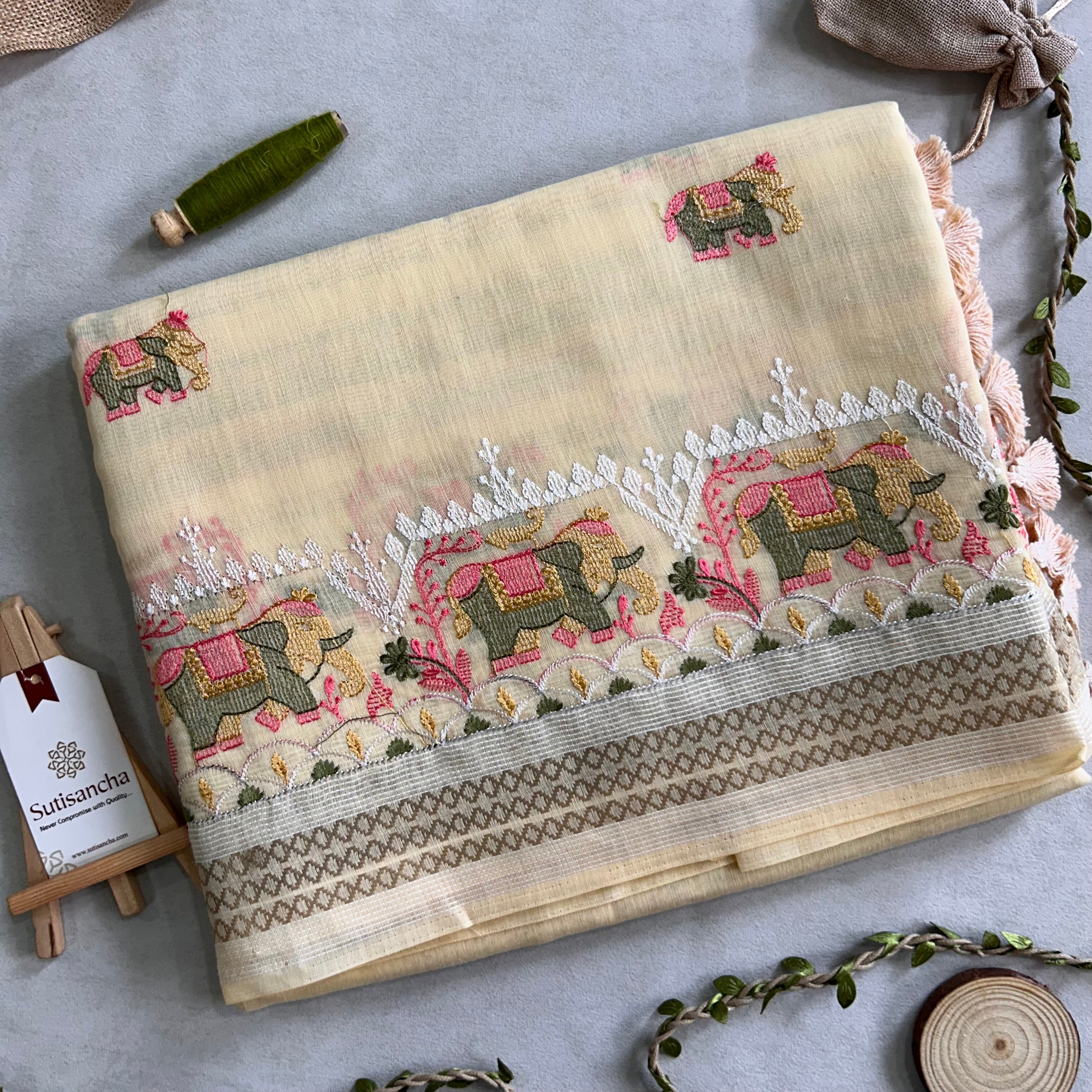 Elina Heritage Cotton Saree Elephant Floral Border Design