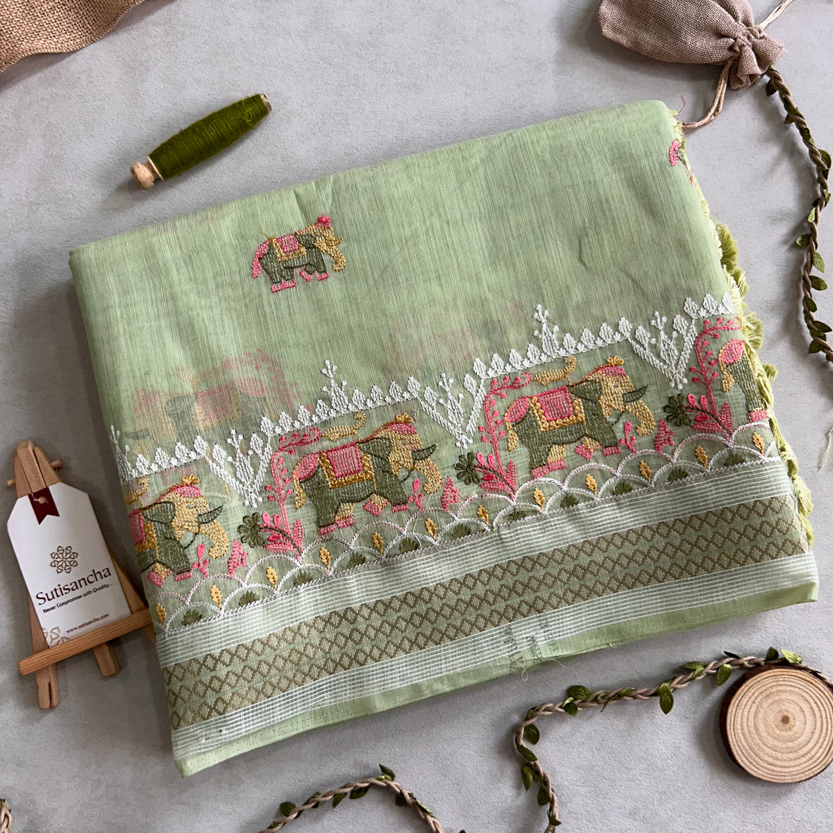 Elina Heritage Cotton Saree Elephant Floral Border Design