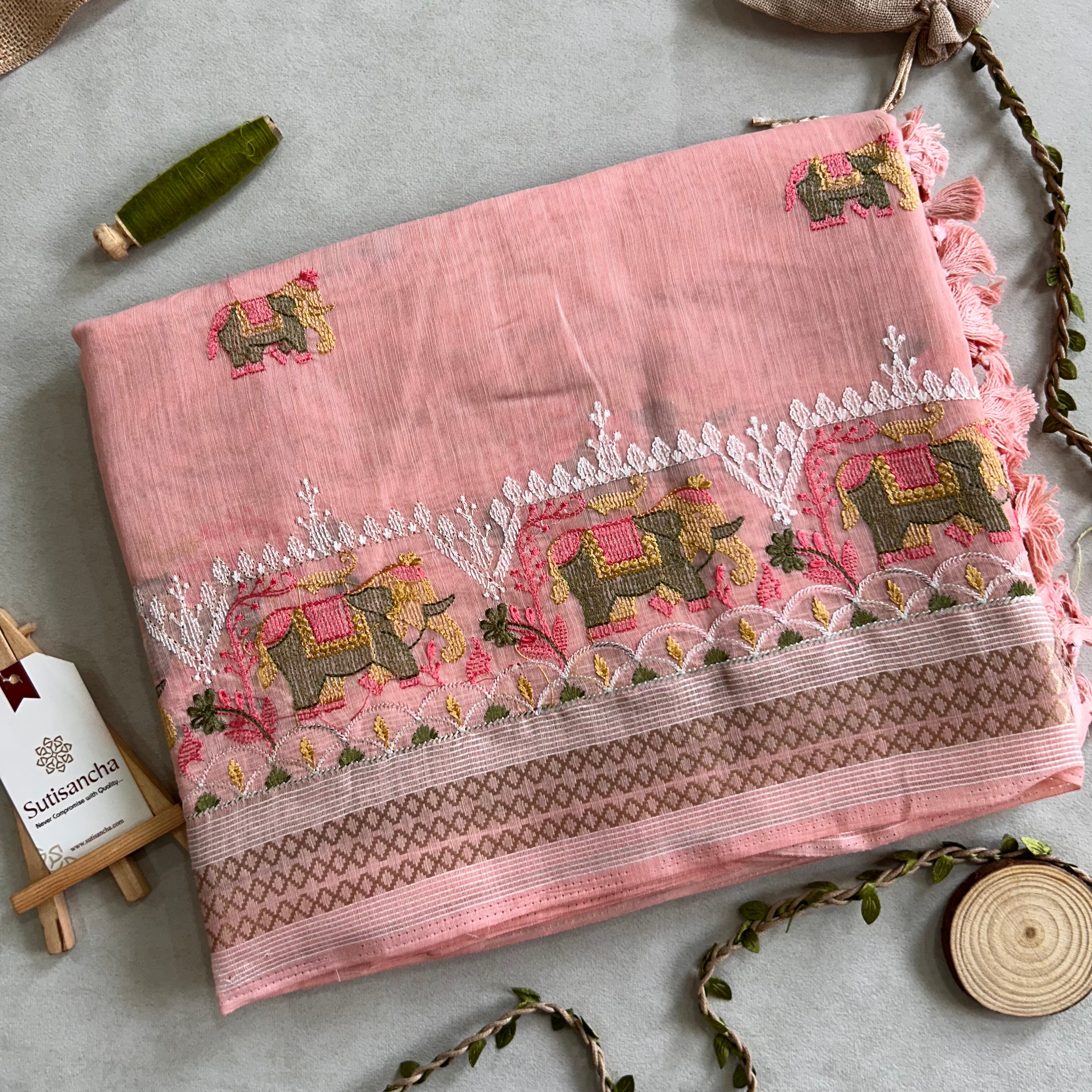 Elina Heritage Cotton Saree Elephant Floral Border Design