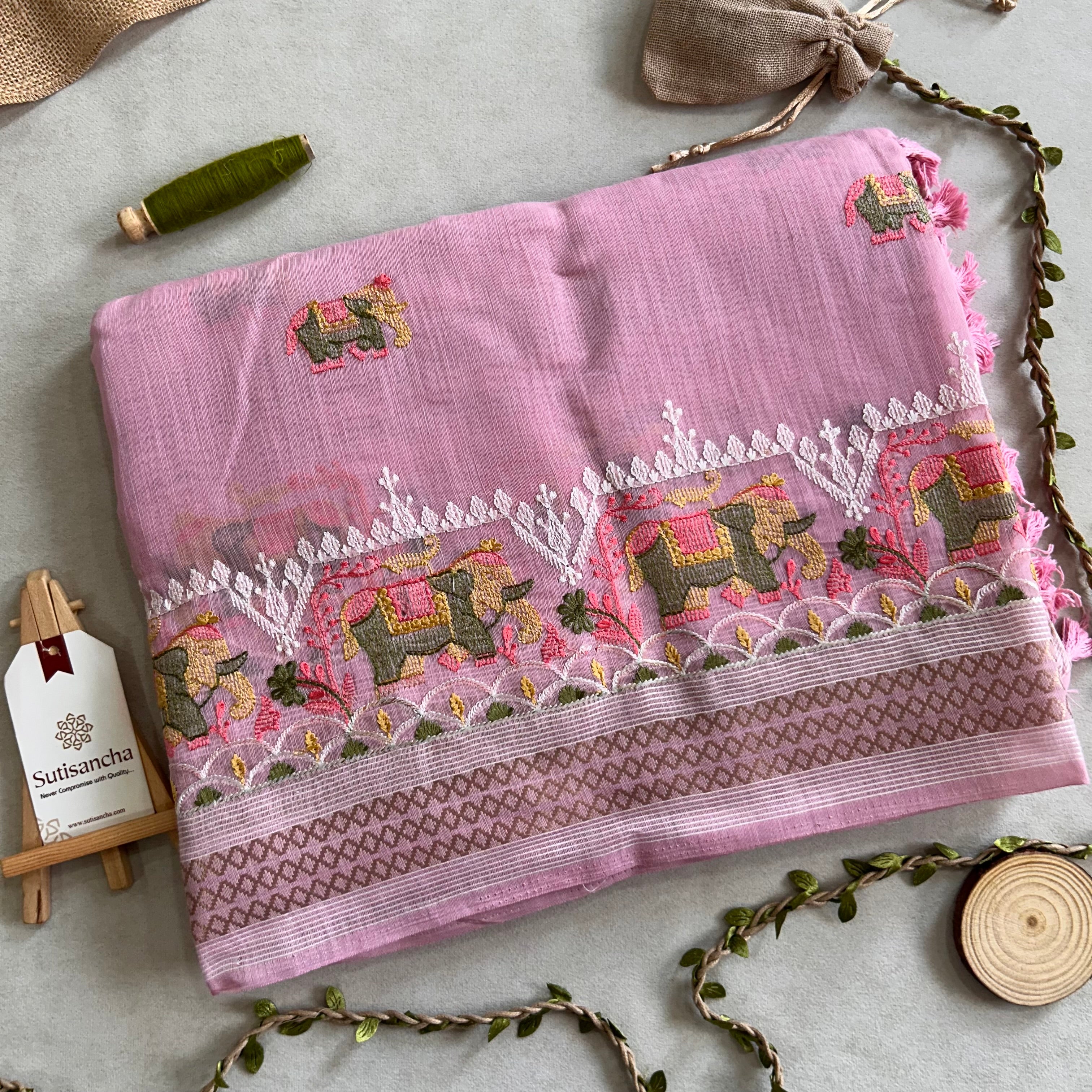 Elina Heritage Cotton Saree Elephant Floral Border Design