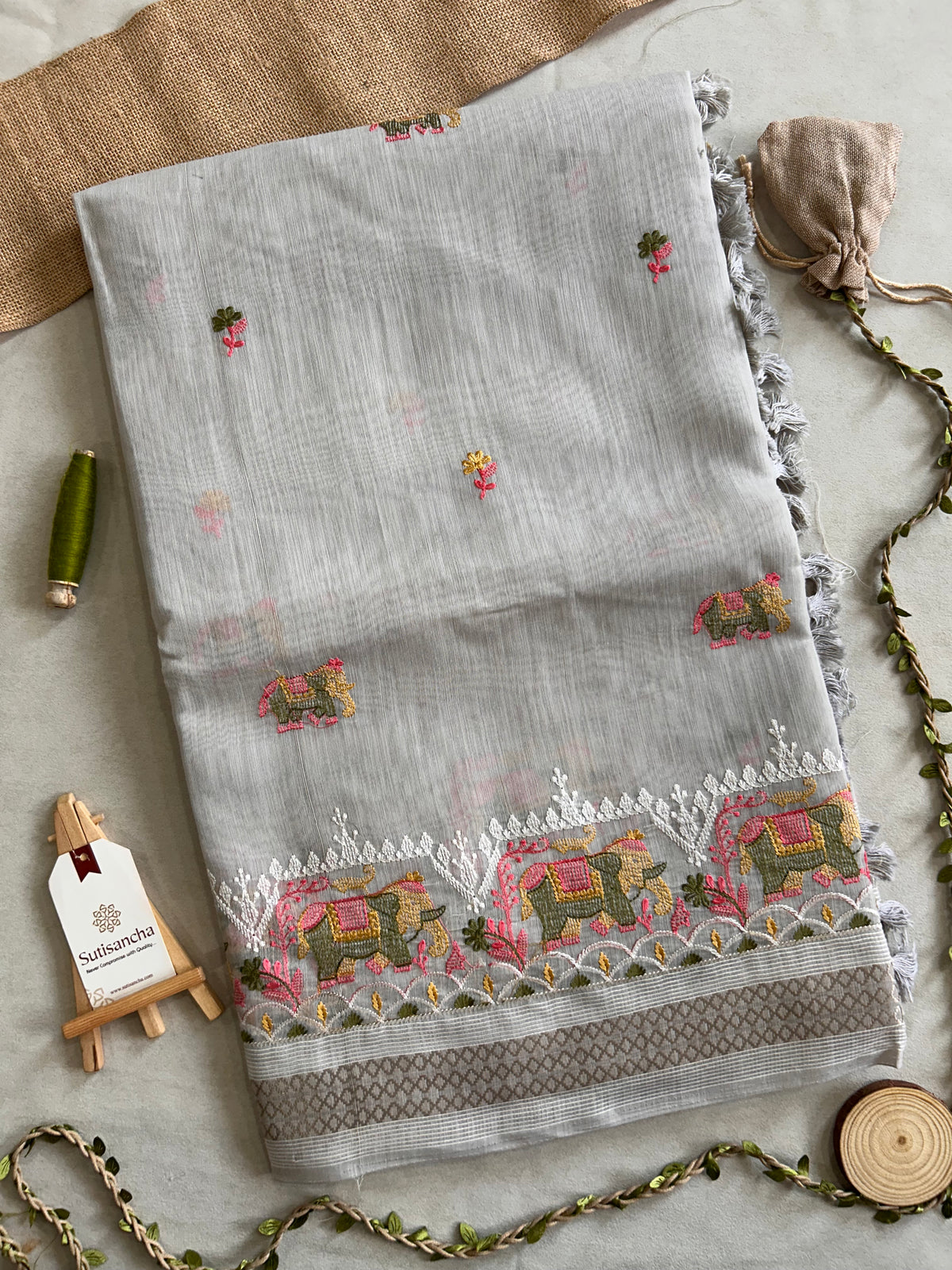 Elina Heritage Cotton Saree Elephant Floral Border Design