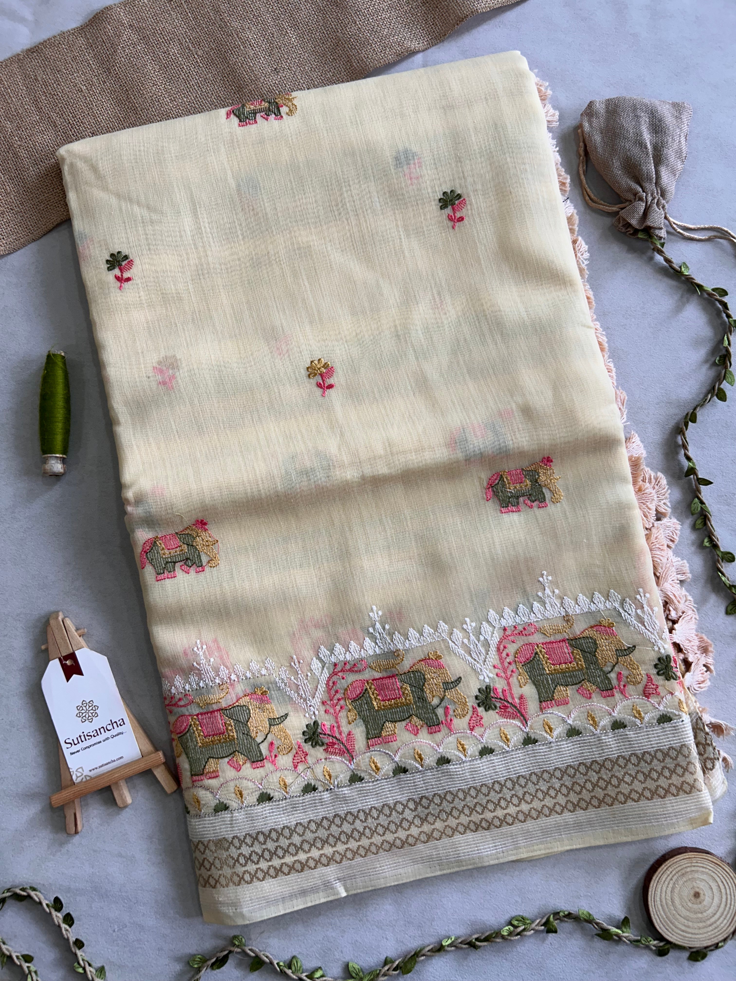 Elina Heritage Cotton Saree Elephant Floral Border Design