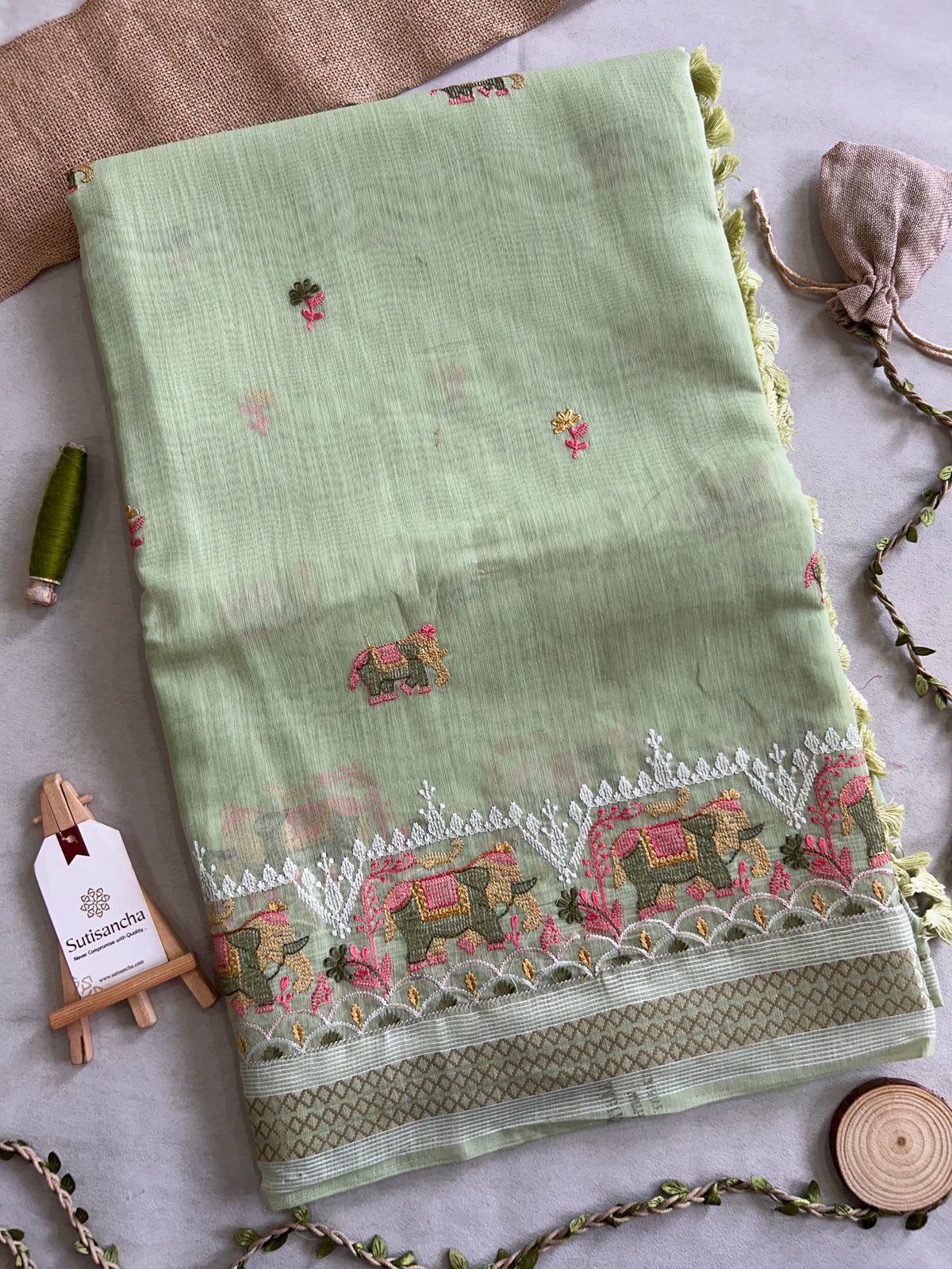 Elina Heritage Cotton Saree Elephant Floral Border Design