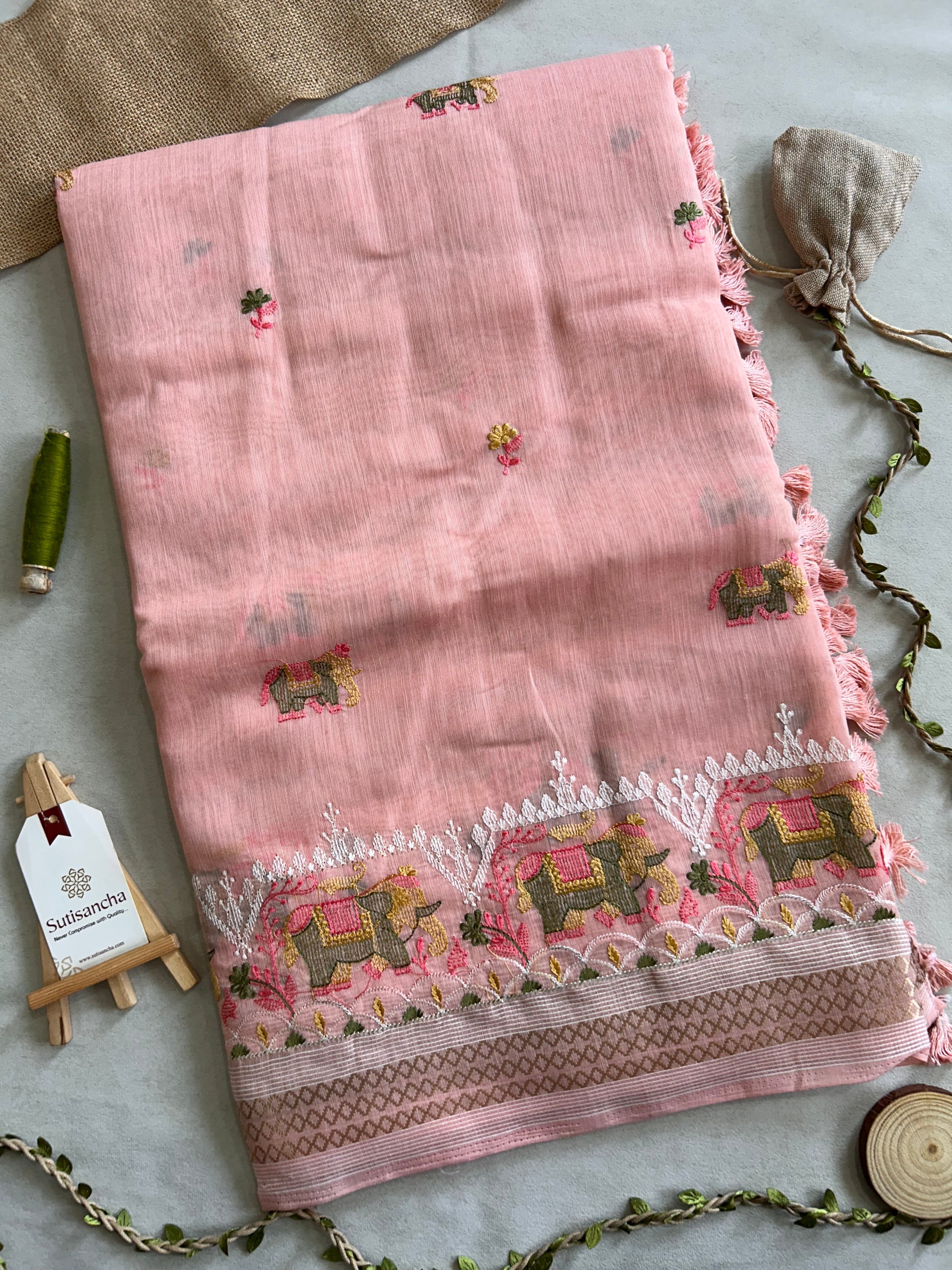 Elina Heritage Cotton Saree Elephant Floral Border Design