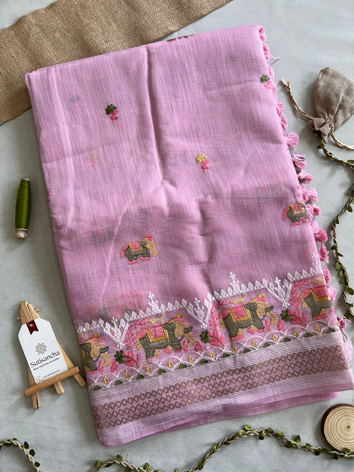 Elina Heritage Cotton Saree Elephant Floral Border Design