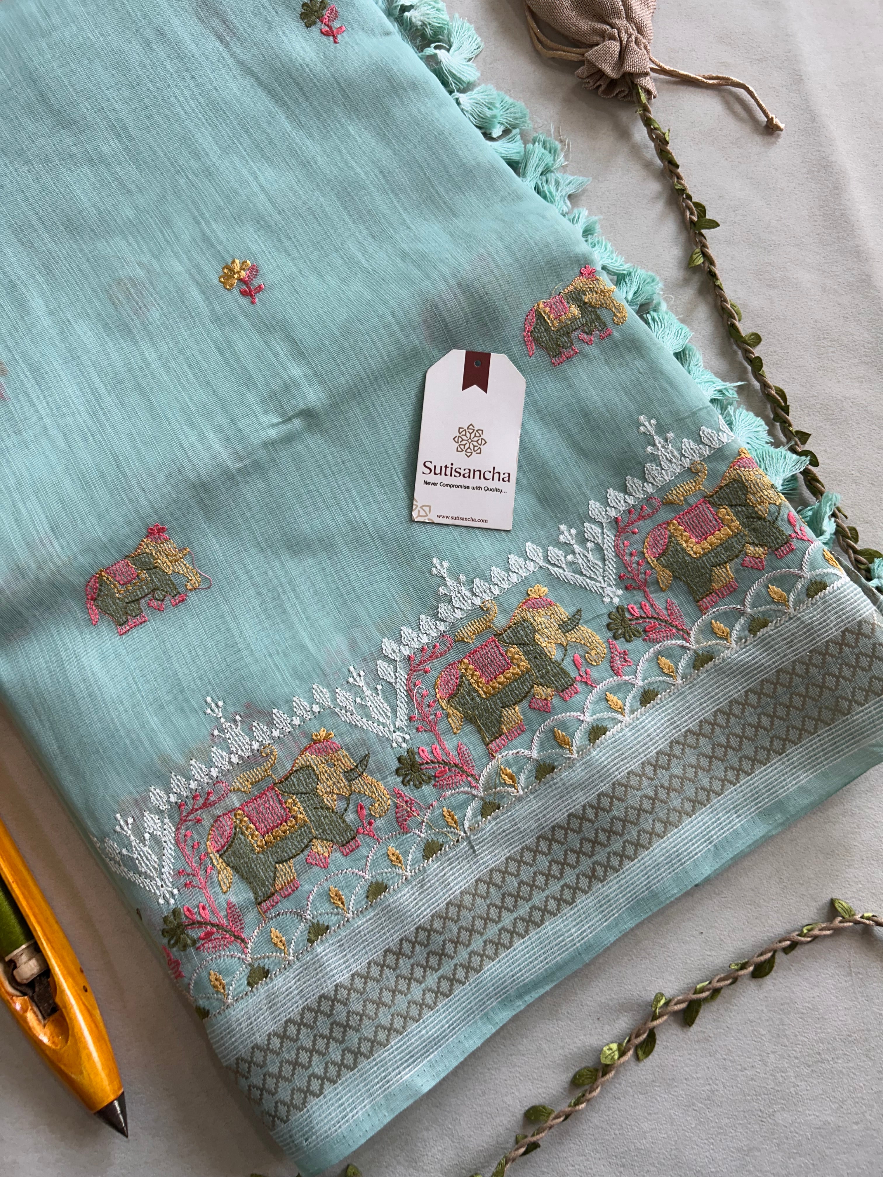 Elina Heritage Cotton Saree Elephant Floral Border Design