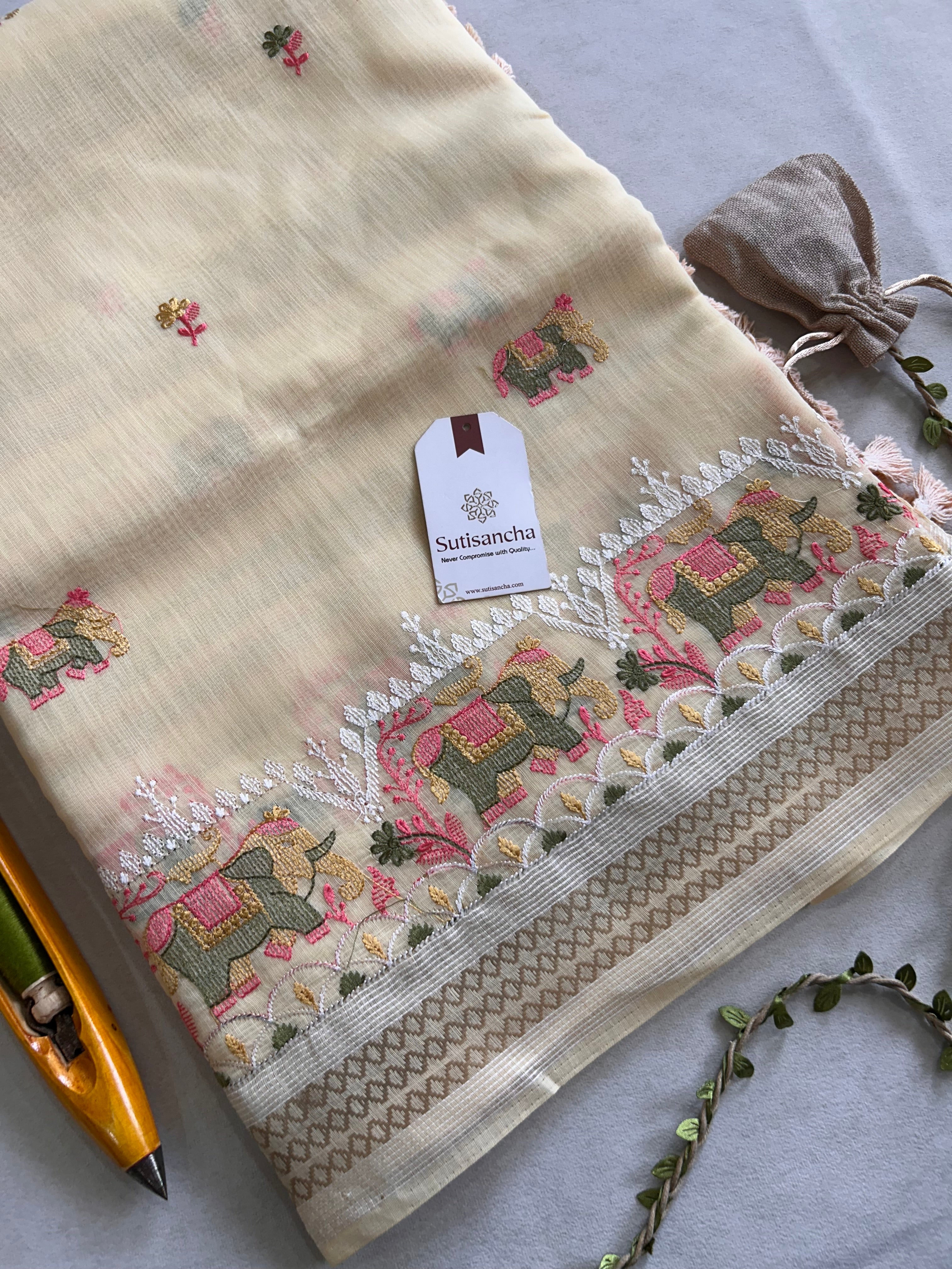 Elina Heritage Cotton Saree Elephant Floral Border Design
