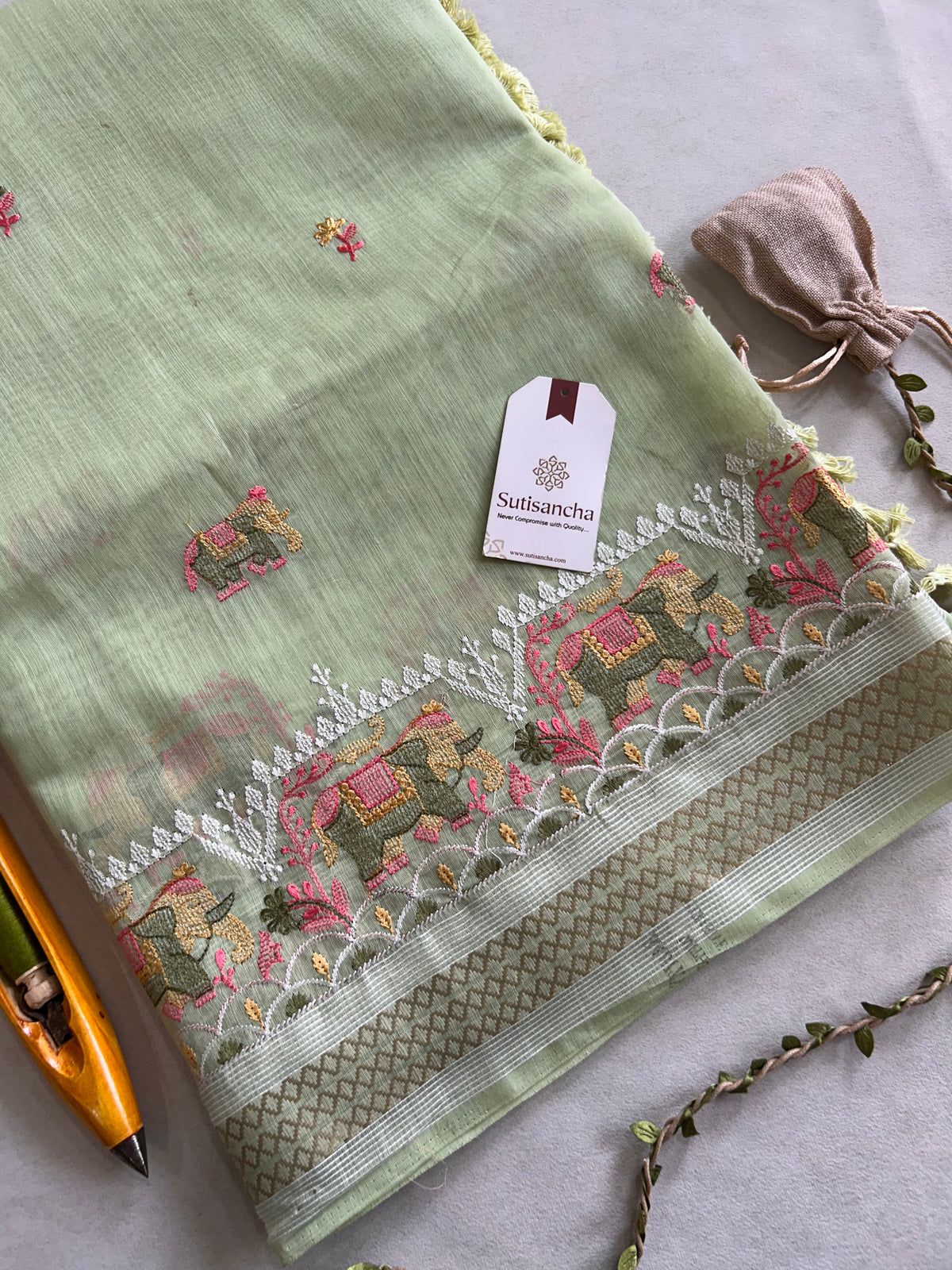 Elina Heritage Cotton Saree Elephant Floral Border Design