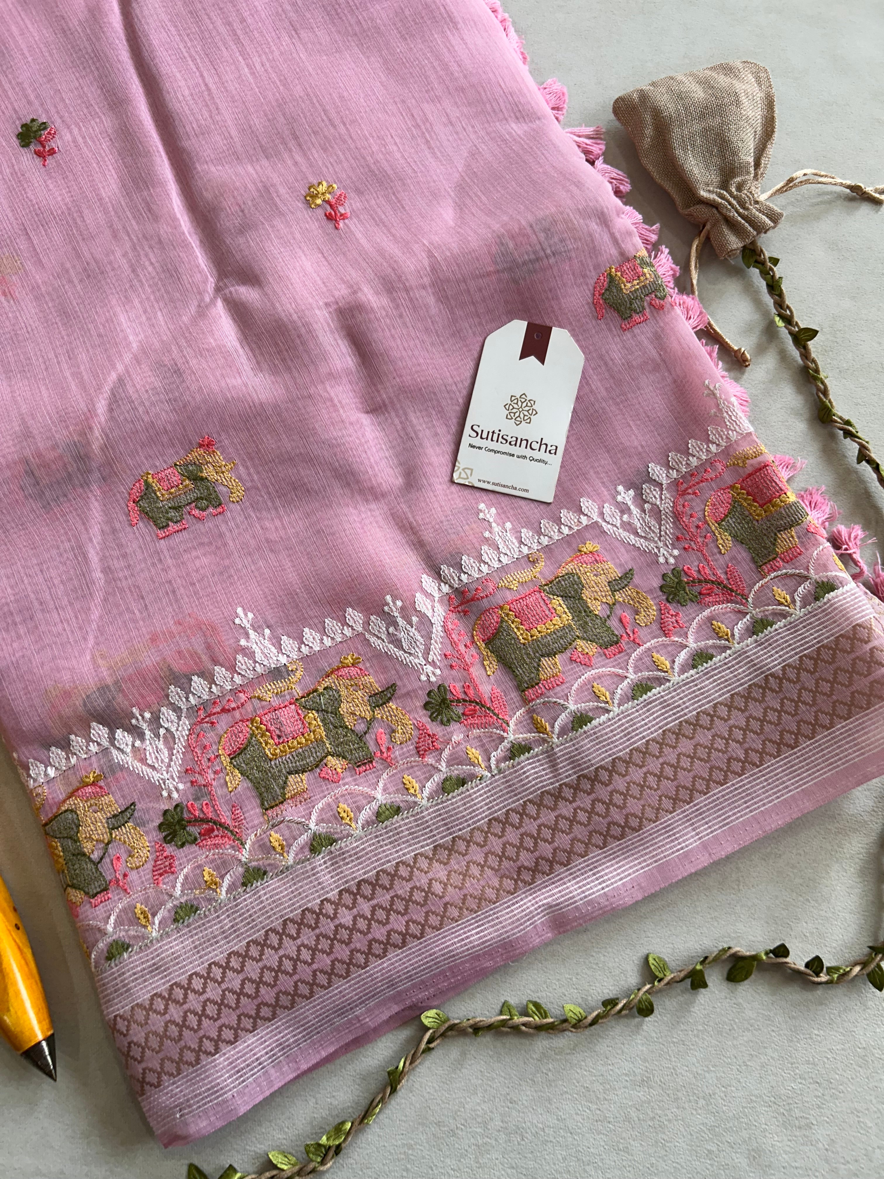 Elina Heritage Cotton Saree Elephant Floral Border Design
