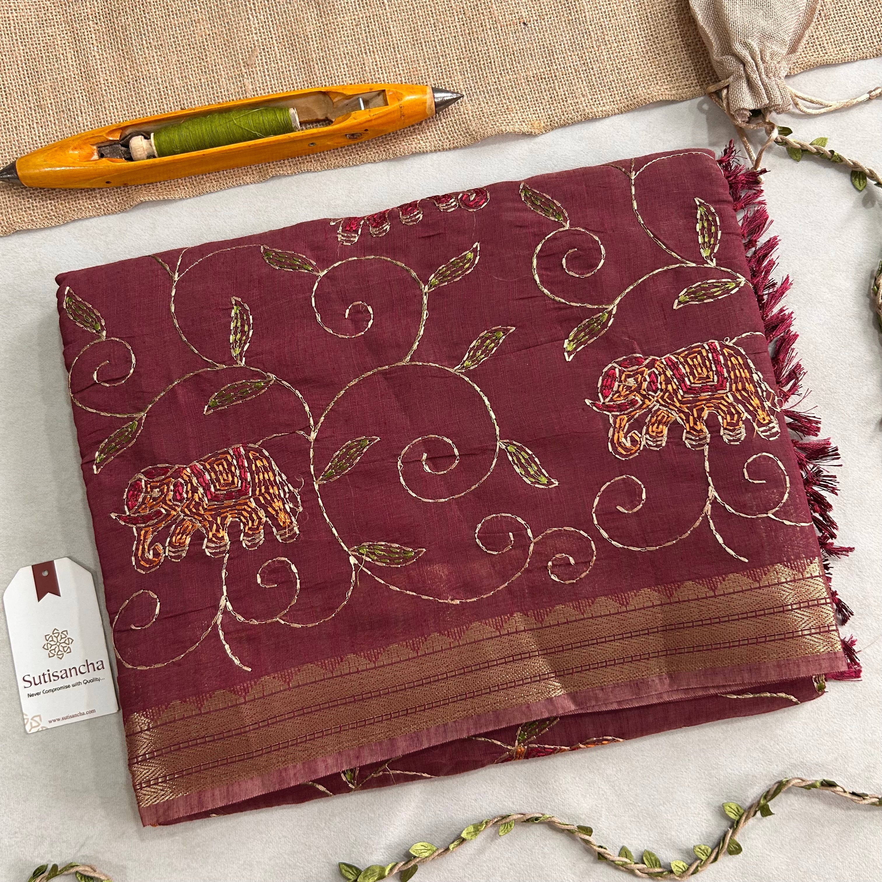Gajini Heritage Cotton Saree Elephant Vine Design